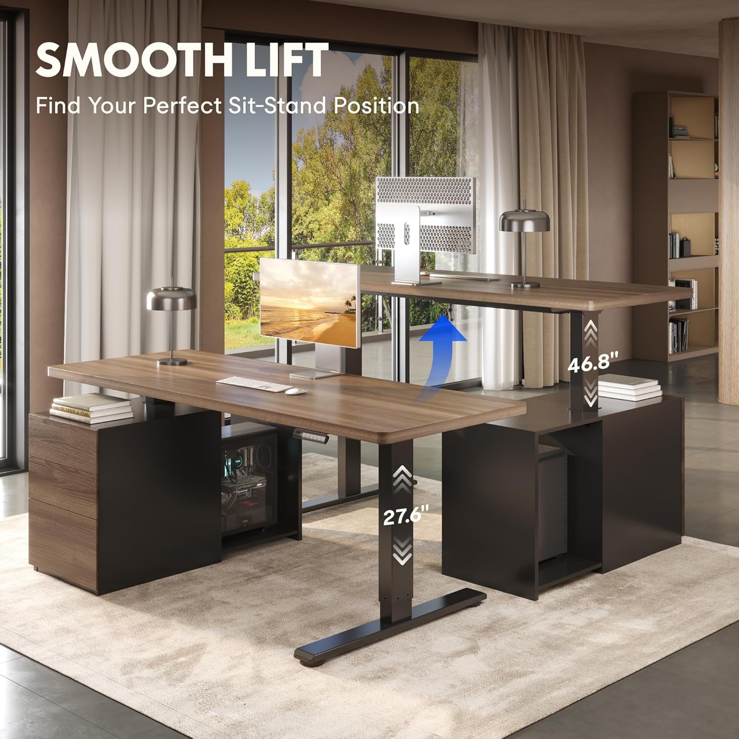 FLEXISPOT 60" Executive Standing Desk with Drawers & CPU Holder, Dual Motor Height Adjustable Desk, 222 LBS Capacity, 1" Thick Desktop, Home Office Workstation, Black Walnut, 3 Packages