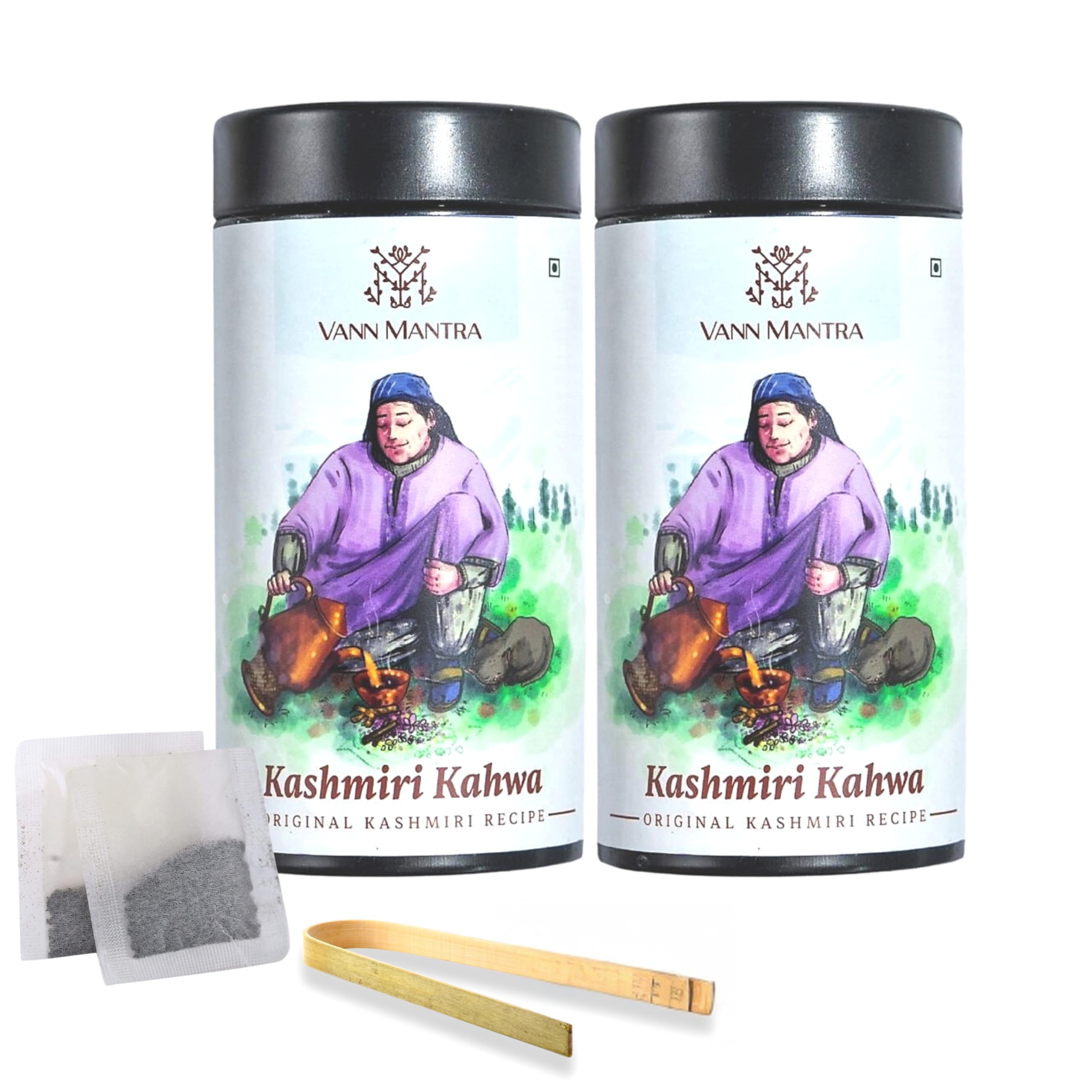 VANN MANTRA Herbal Kashmiri Kahwa Green Tea-Pack Of 2 With Bamboo Tong, Natural Blend With Saffron, Cinnamon Flavored Masala, Natural Organic Healthy Detox Indian Kadha (25 Tea Bags Each),120 Grams
