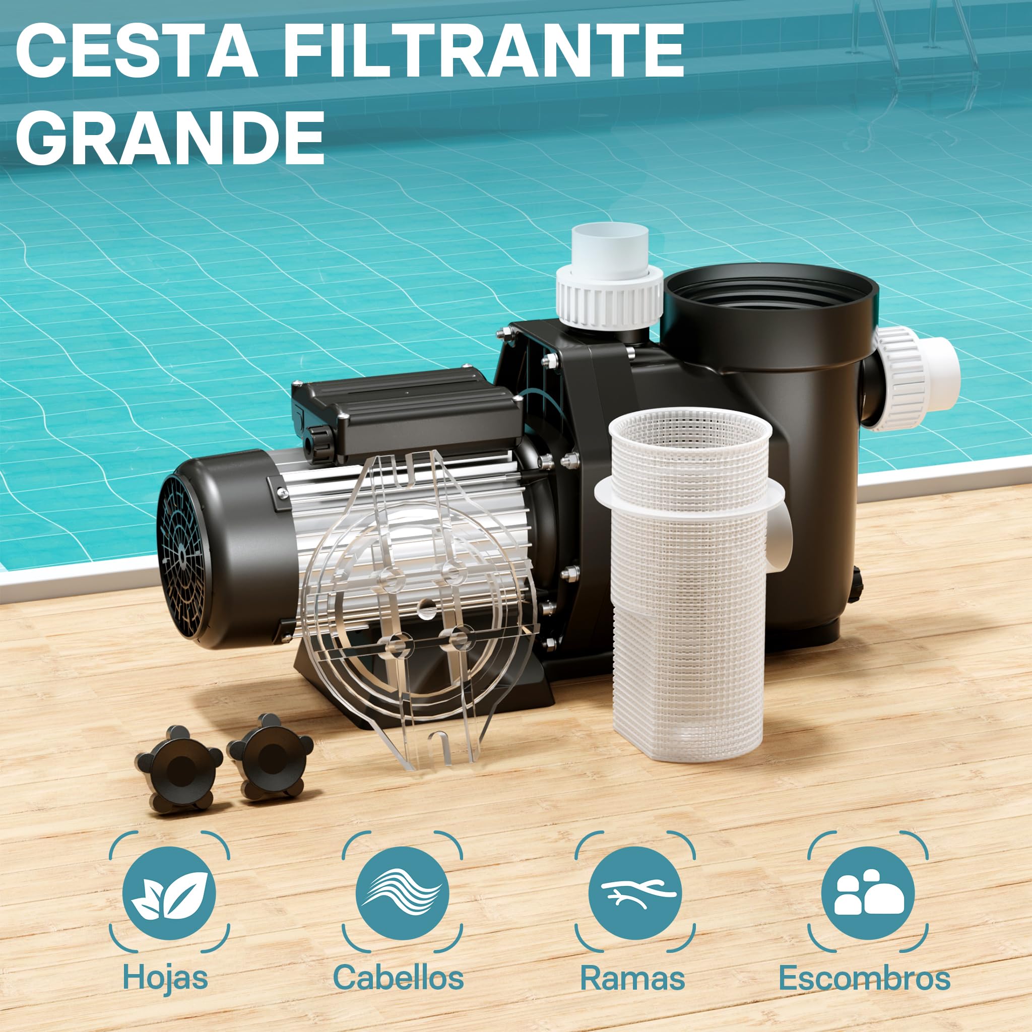 Wiltec Bomba para piscina 28800 l/h 1300 W altura de impulsión 17 m, altura de aspiración 4 m bomba de filtración para la circulación del agua piscina bañera hidromasaje jardín