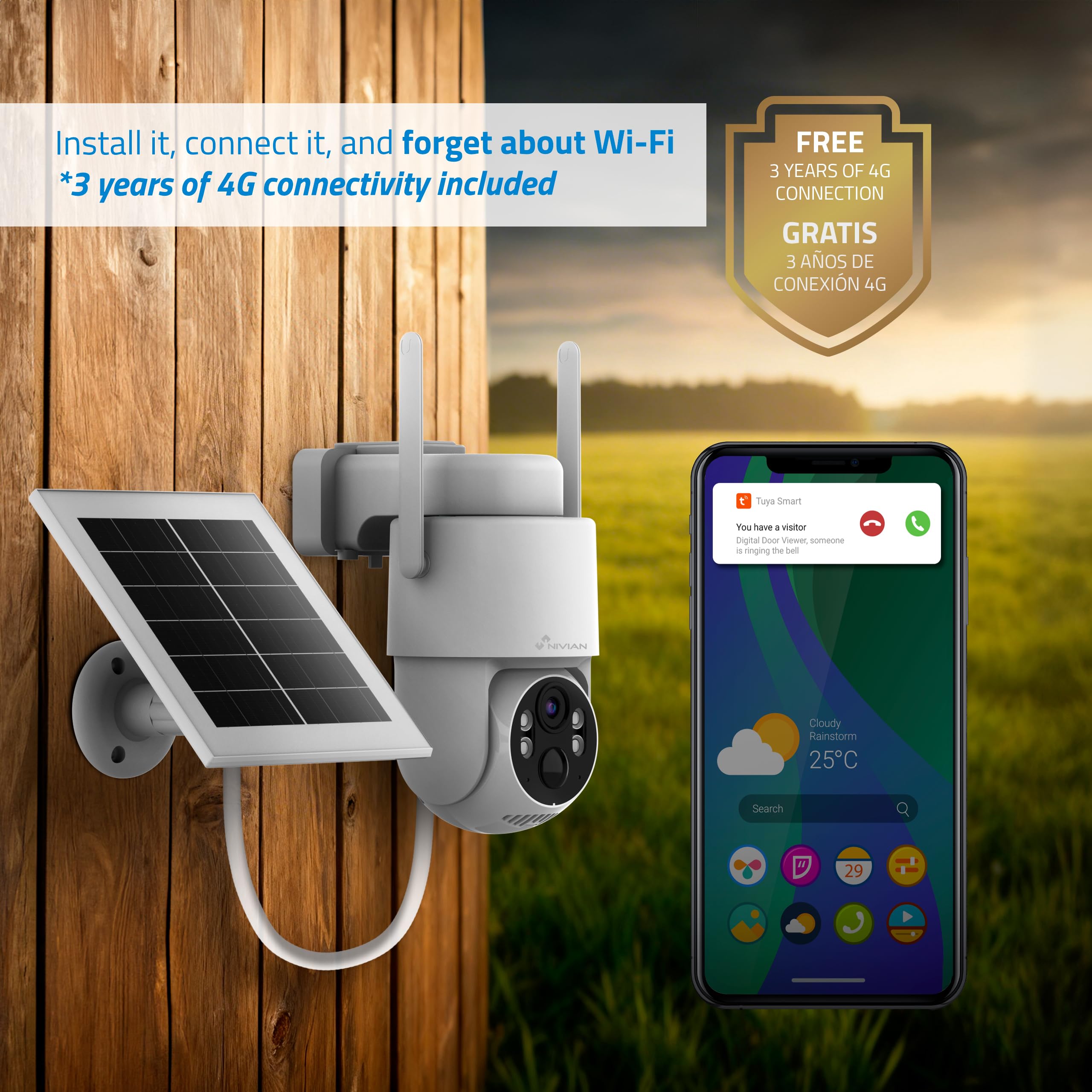 NIVIAN Telecamera di sorveglianza di sicurezza 360° 4G - SIM 3 anni inclusa- Pannello solare 5 W-Batteria lunga durata 7800 mAh-2 K-Rilevamento di movimento e umani-Adatto esterno-Visione notturna