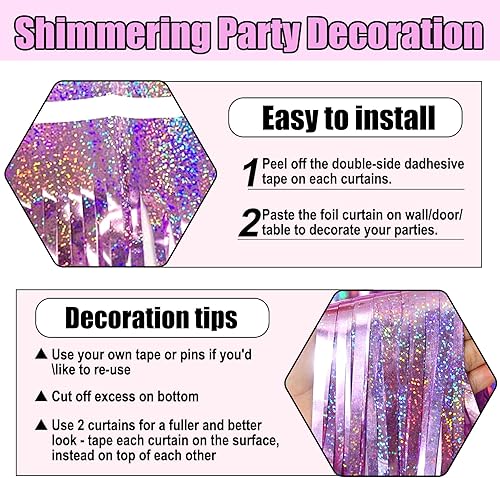 Miniatura 3 de Paquete de 6 cortinas de flecos de papel de aluminio rosa, 3.28 pies x 8.2 pies, cortinas metálicas de oropel con flecos para cabina de fotos,