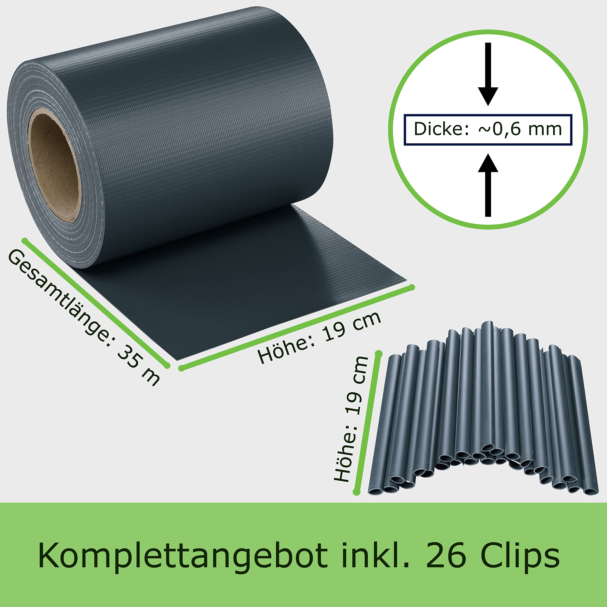 WORKINGHOUSE PVC Sichtschutzstreifen 650g/m² Premium für Doppelstabmatten Zaun – 35m Rolle, Anthrazit RAL 7016 | Wind- & Blickschutz, wetterfest, inkl. Clips
