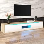 71" Modern TV Stand with 16-Color LED Lights, High-Gloss Entertainment Center, Wall-Mountable Media Console with Hollow Door Design and Adjustable Lighting Modes, No Glass Panels, White,Black