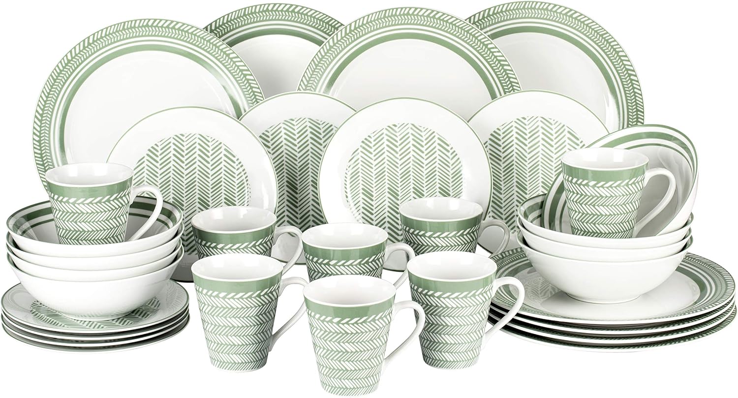 32 Piece Herringbone Patterned Green & White Dinnerware Set 8X Dinner