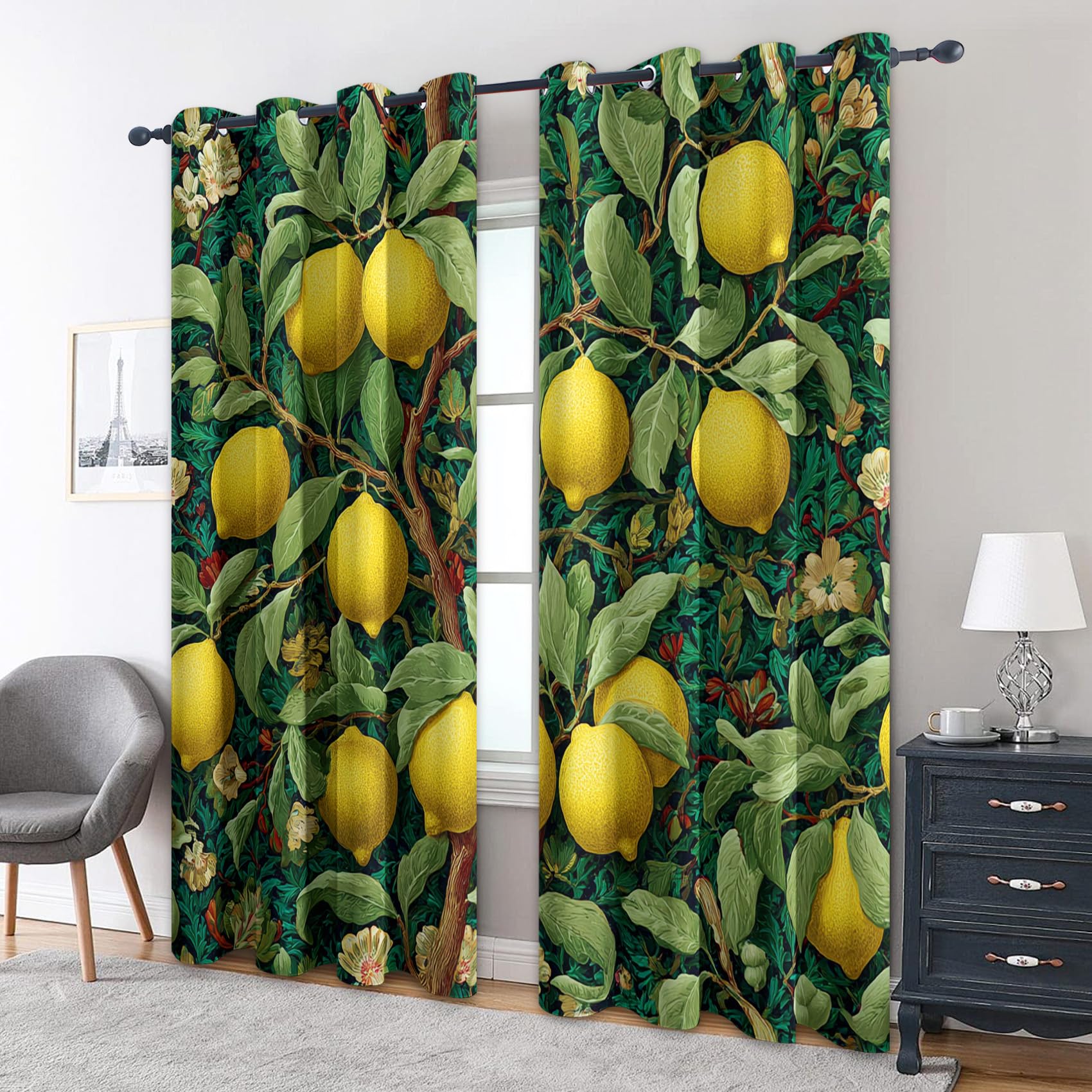 Rideau Citron Occultant Motif Vintage Fruit Arbre Rideaux Chambre Salon Cuisine 140 x 245 cm, Oeillets Rail Rideaux Occultants Thermique