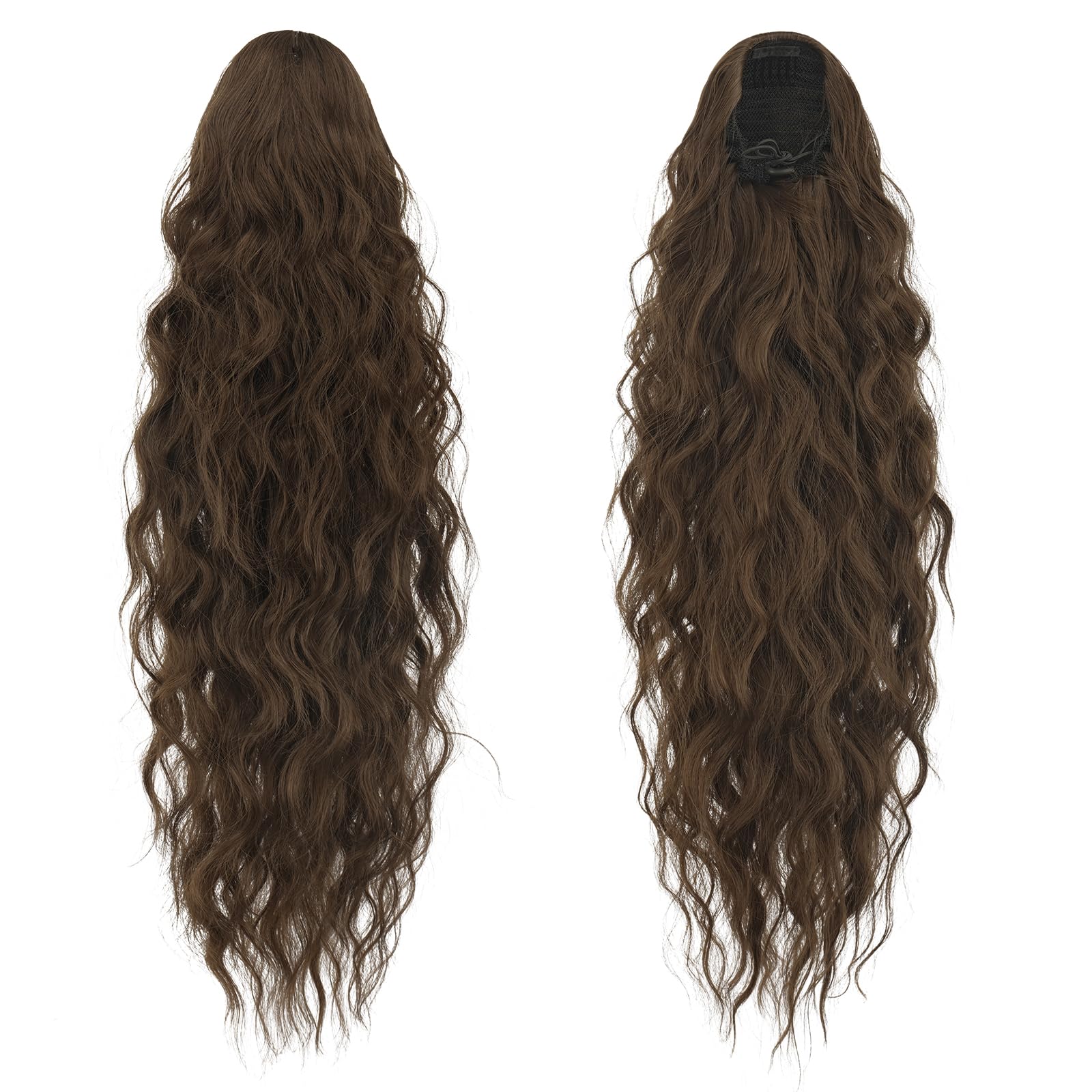 FESHFEN Long Curly Wavy Drawstring Ponytail Extensions Clip in Wavy Synthetic Hairpieces Moss Brown Drawstring Ponytail Curly Hair Piece Pony Tail Extension for Women 26 inch - Image 2
