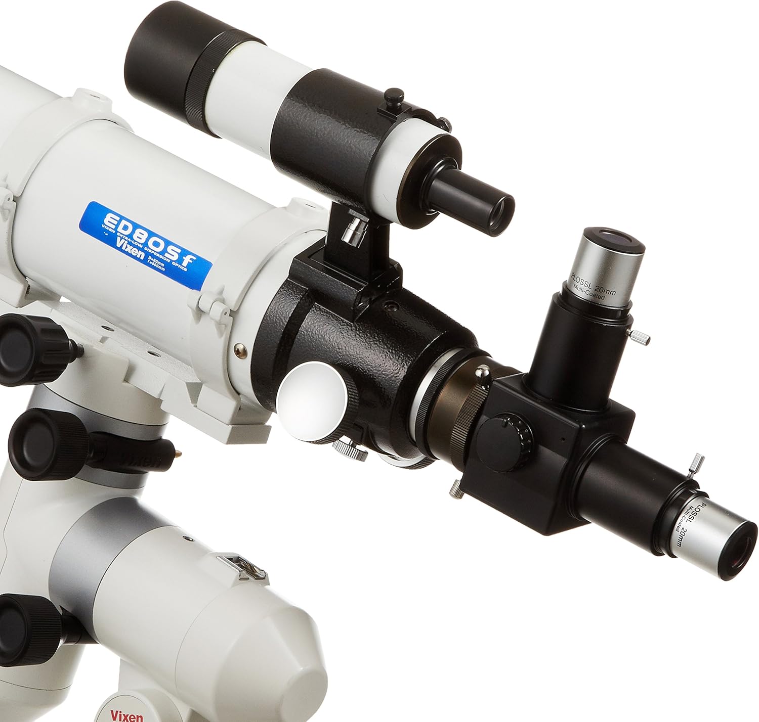 Primer pla view of the Vixen ED80Sf telescope's focuser, diagonal, and eyepiece, showing the fine adjustment knobs.