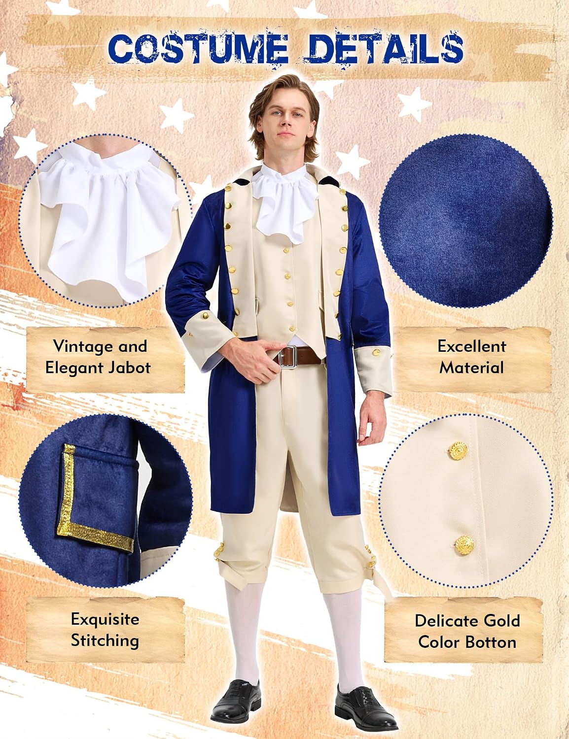 5Pcs Deluxe Hamilton Founding Father Costume Men Adult Colonial Revolutionary War Outfit Cosplay Party Military
