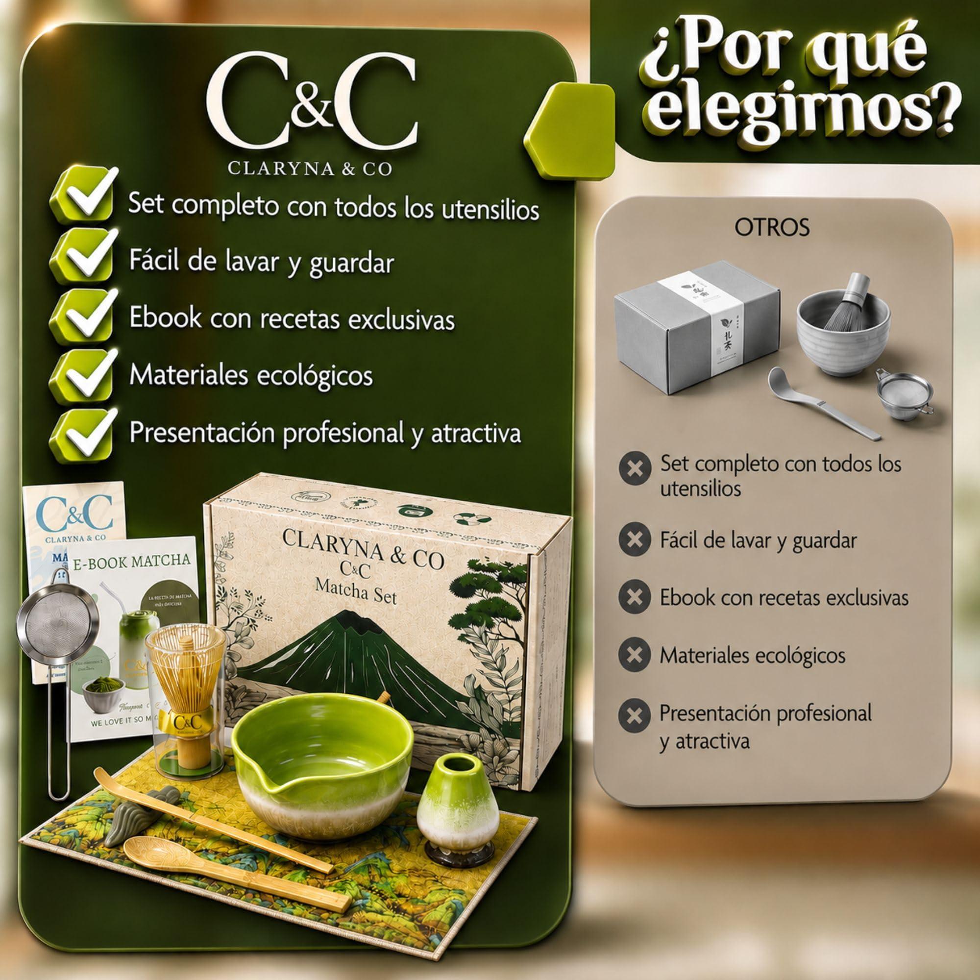 C&C Set Te Matcha Kit, 8 Piezas Premium Ecológicas Duraderas y Resistentes, Incl Ebook con Recetas Exclusivas y Manual, Batidor Matcha Colador Kit Matcha Set, Set Matcha Whisk - Kit Te Matcha Completo