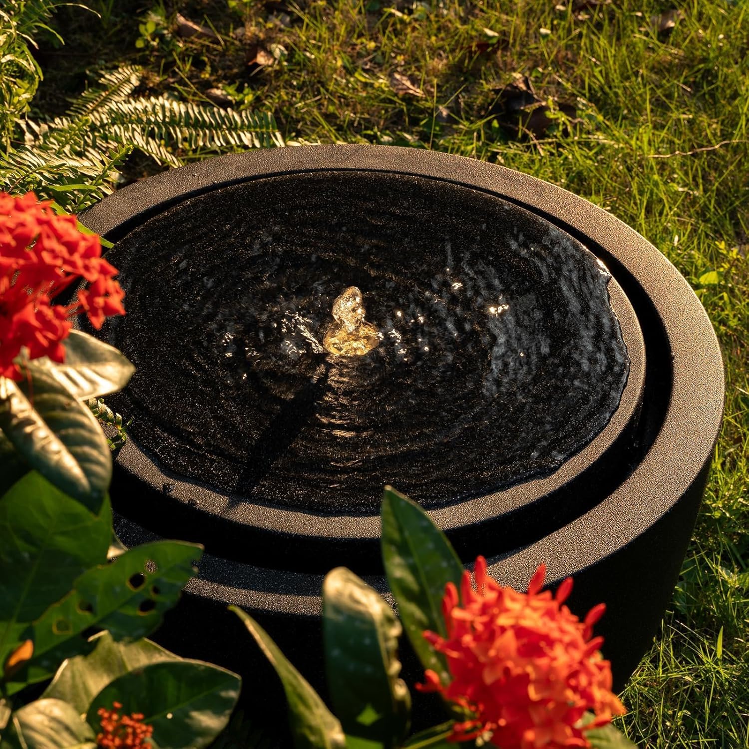 12.60” H Outdoor Water Fountain Made with Eco-Friendly Recyclable Materials, Polyethylene Round Bubbler Water Fountain Outdoor, Garden Decor with LED Light for Patio, Porch, Backyard (12.60")