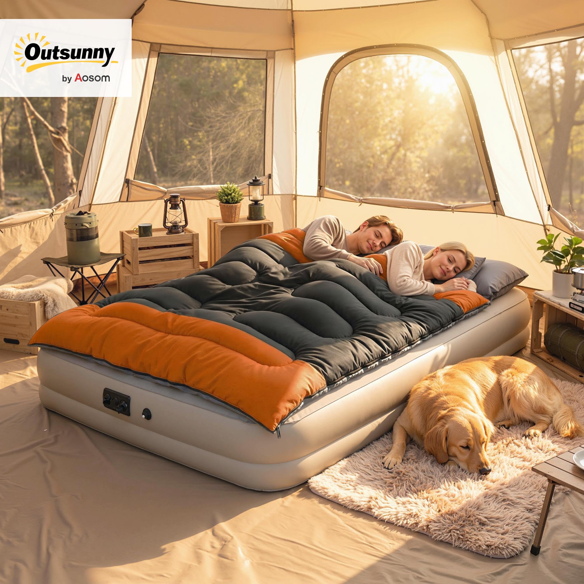 Outsunny Double Sleeping Bag with 2 Pillows, 220 x 160 cm Extra-Large Sleeping Bag for Adults, Detachable into Two Singles or Quilts, for Camping, Hiking - 3