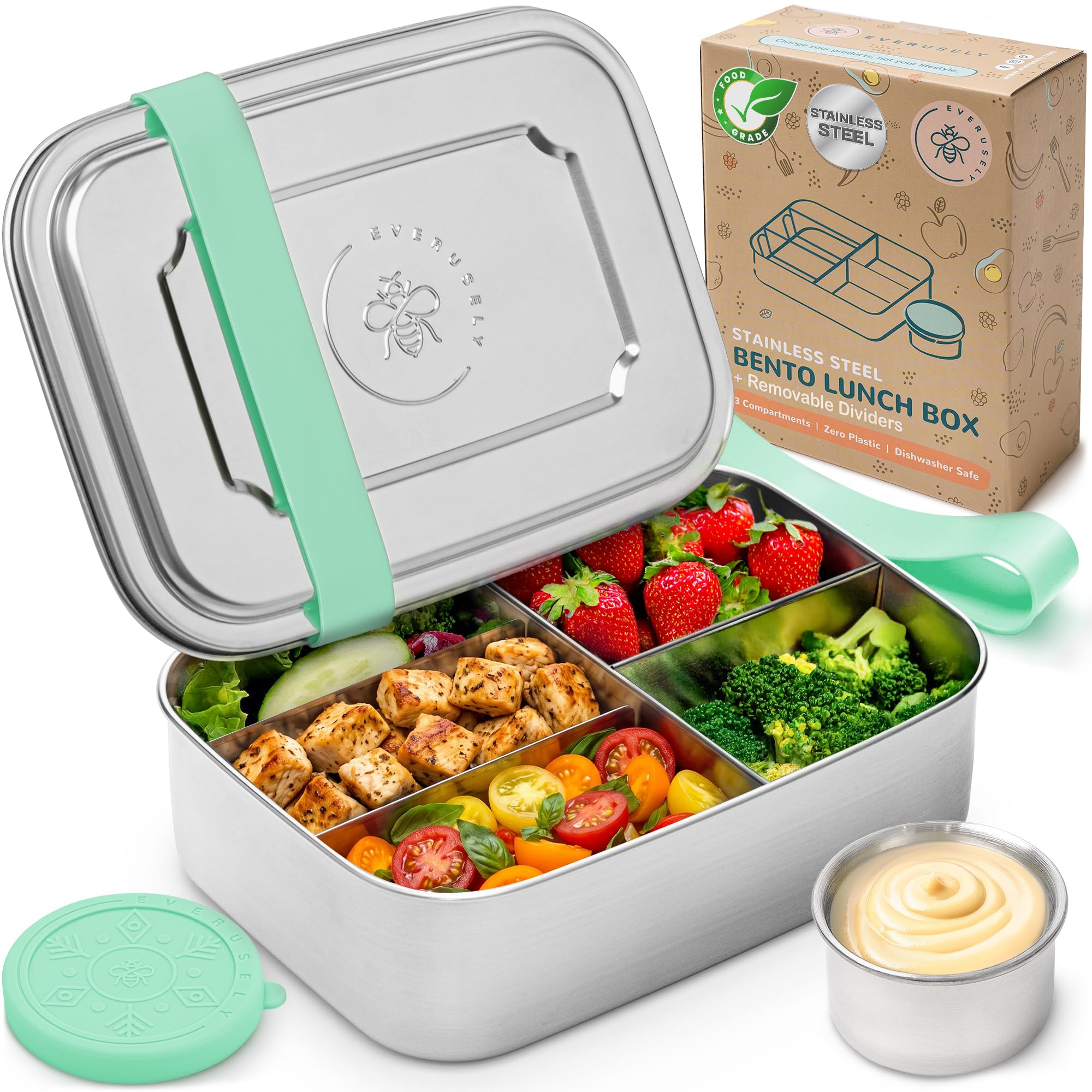 Everusely Stainless Steel Lunch Box - 1400 mL Large Metal Food Container with 5 Compartments & 2 Removable Dividers - Plastic Free Meal Prep Bento Box - Dishwasher Safe Divided Snack Box