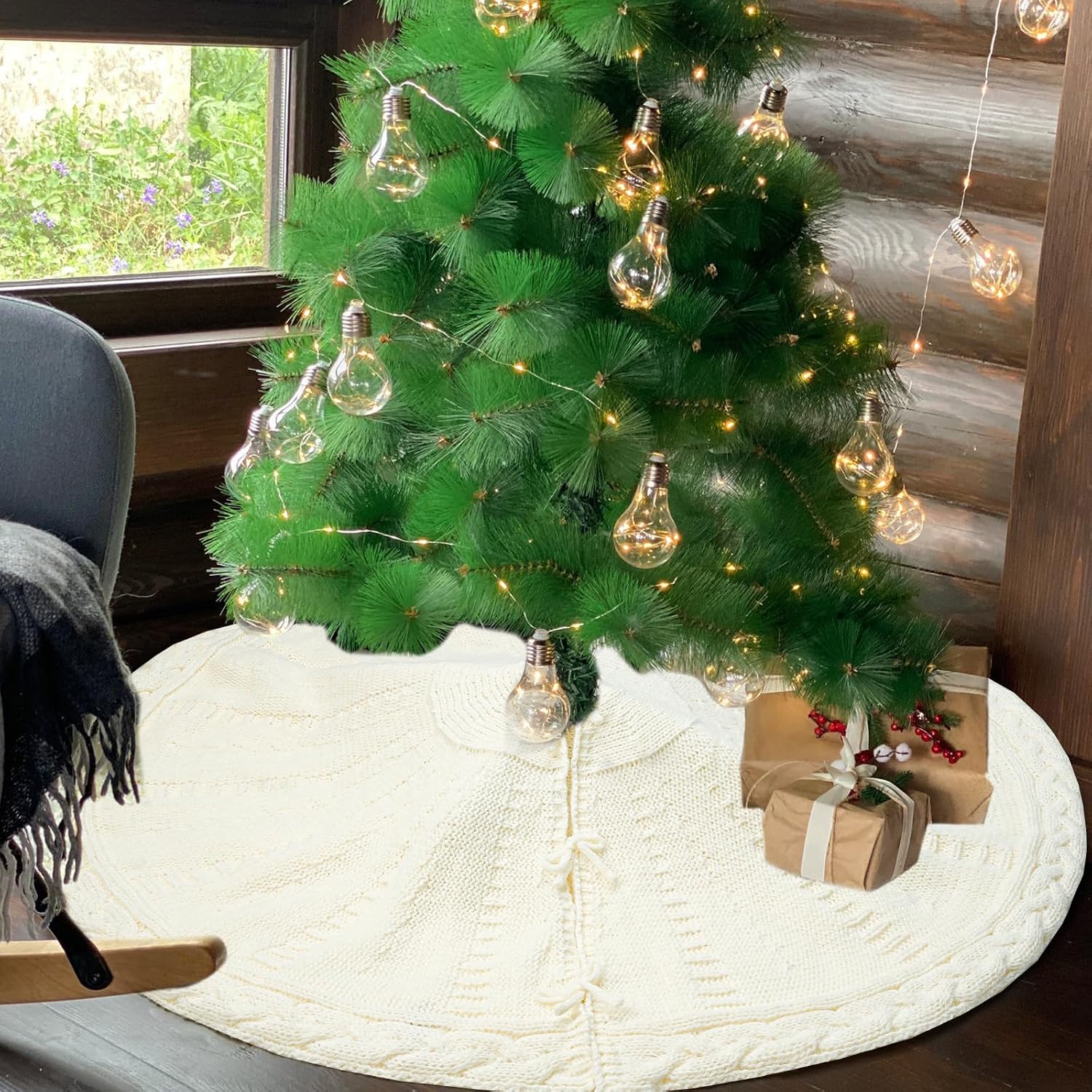 White Knit Tree Skirt for 3ft to 4ft Tree, 24 Inch Thick Cable Knitted Tree Skirt, Xmas Tree Skirts for Home Decor | Christmas Decorations（White 2518