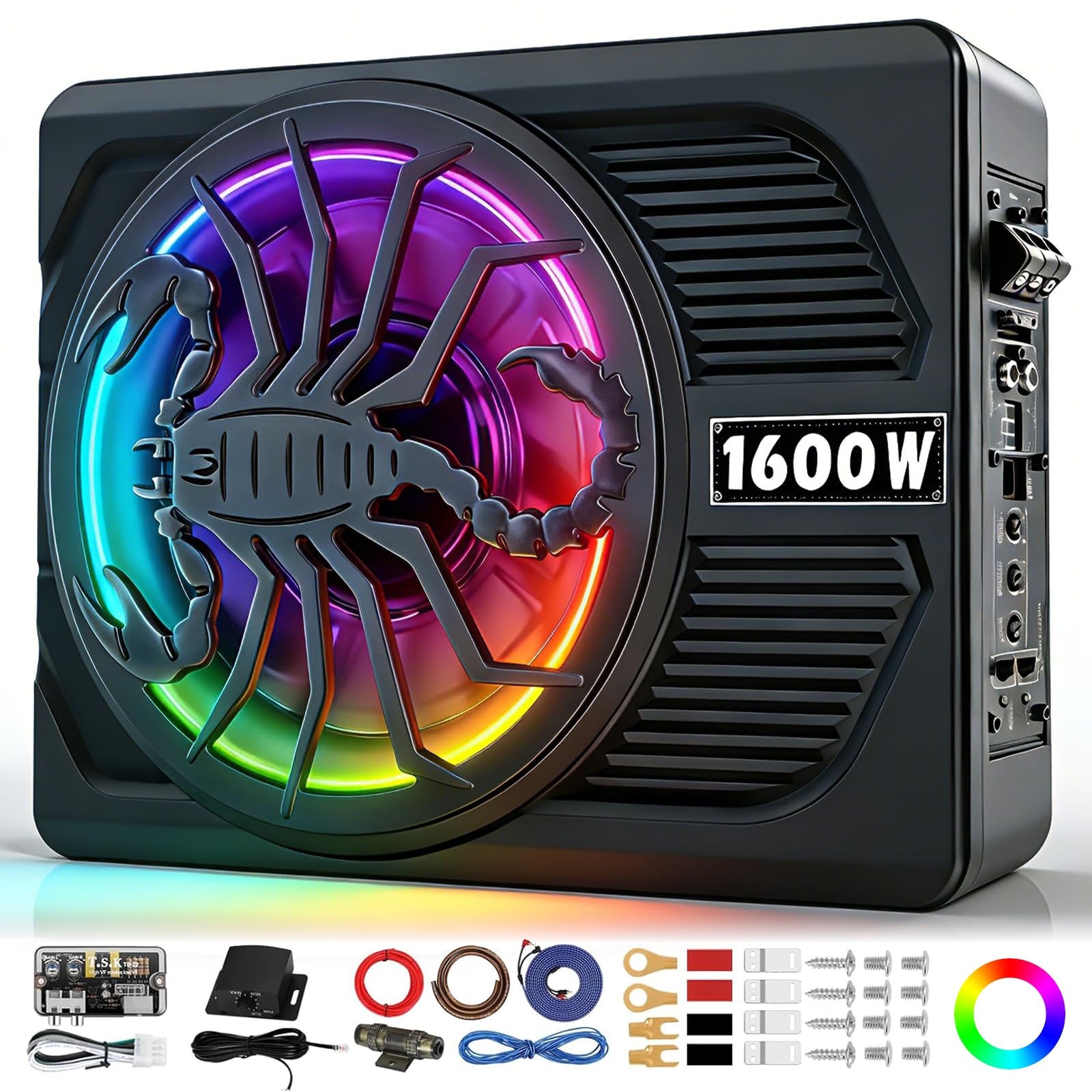 1600W Slim Under seat Car Subwoofer and Amp Package, Powered Subwoofer with Built-in Amp, Subsonic Deep Bass, RGB Beat Light, Low Pass/Gain/Bass Boost Control, for Truck, SUV, Jeep, Car Audio