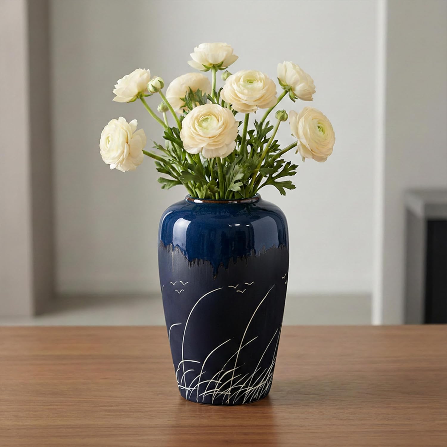 Black and Blue Vase, 8 Inch Blue Ceramic Vase for Flowers, Modern Decorative Vases for Home Decor, Coastal, Living Room Decor, Table Centerpiece