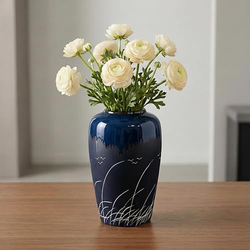 Black and Blue Vase, 8 Inch Blue Ceramic Vase for Flowers, Modern Decorative Vases for Home Decor, Coastal, Living Room Decor, Table Centerpiece