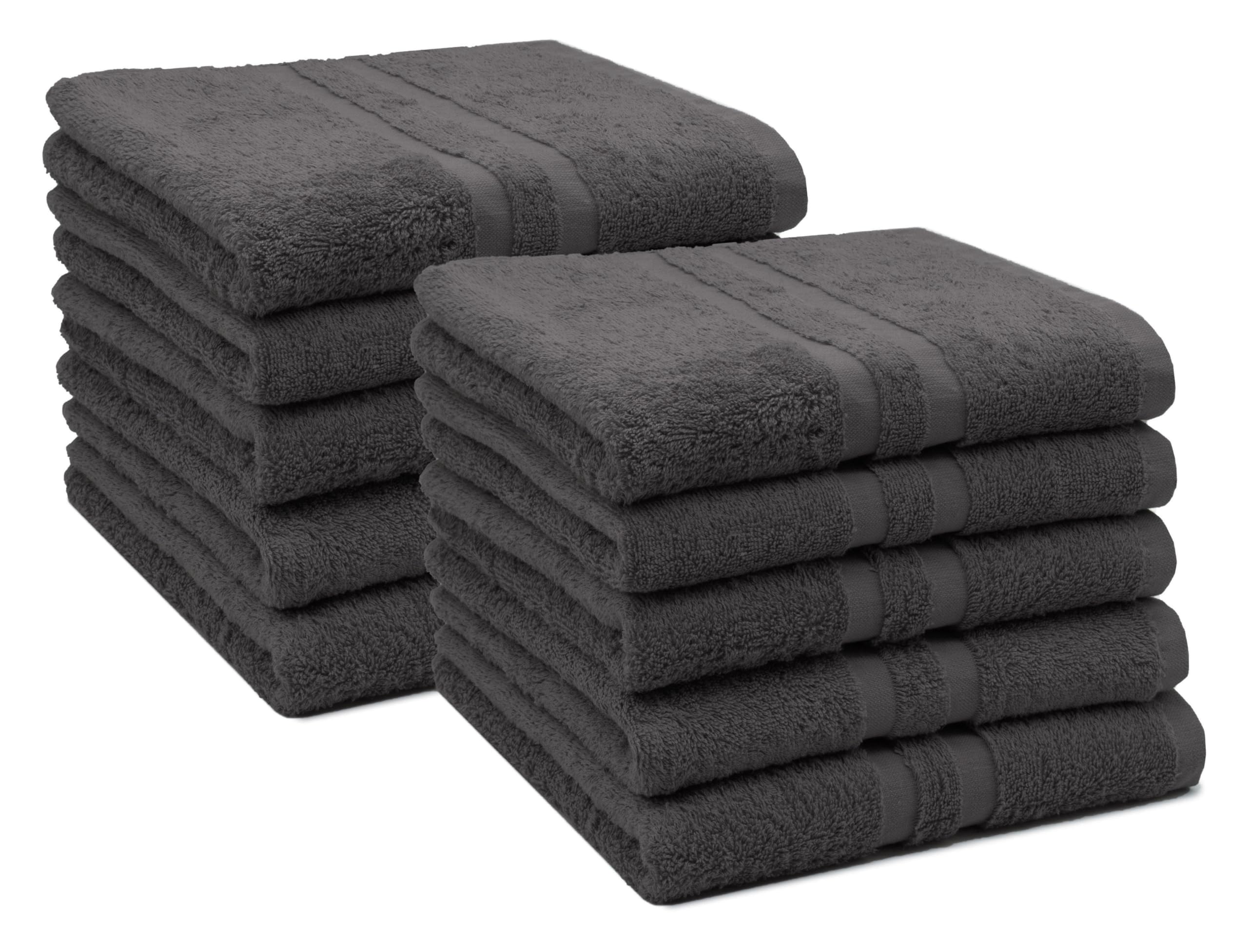 ZOLLNER 10er Set Handtücher in 50x100 cm - Flauschige Duschtücher aus Baumwolle - mit moderner Streifenbordüre - bis 60°C waschbar - mit praktischem Aufhänger - in Graphit - Hotelqualität