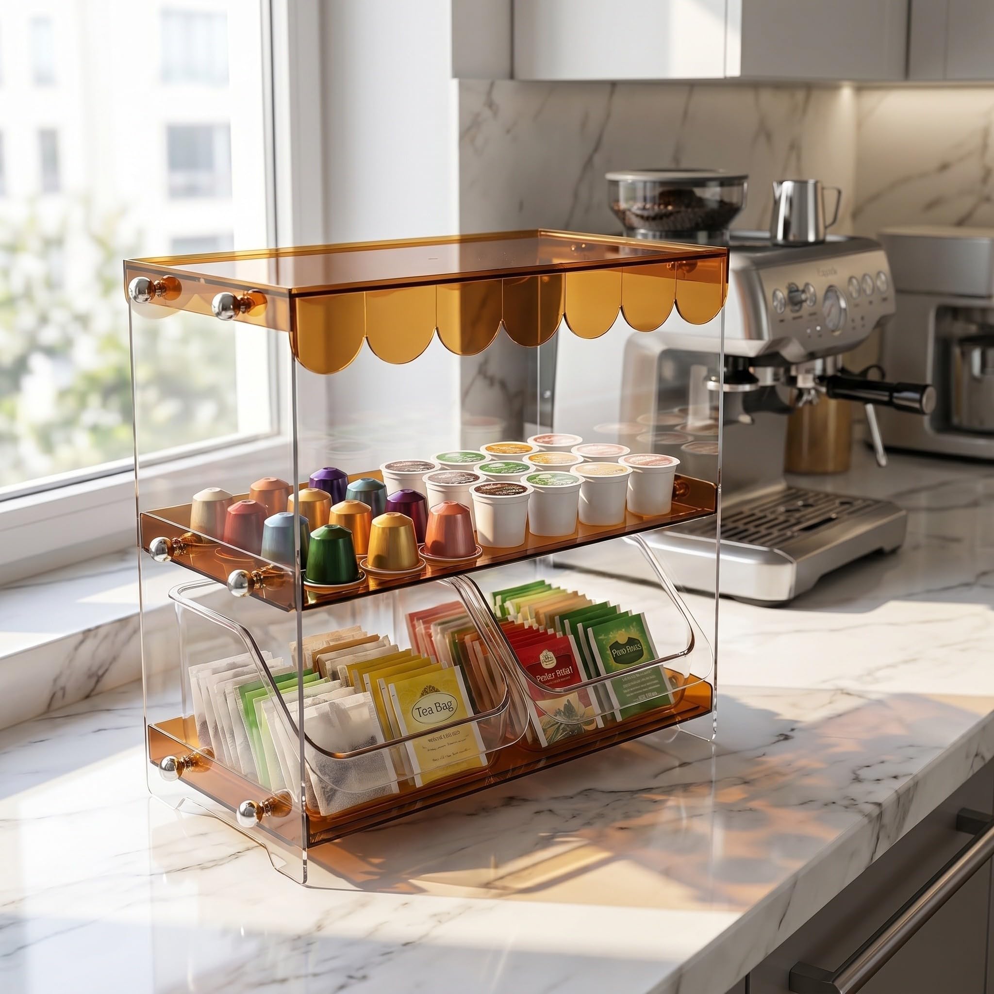 OUNONA Caja Organizadora Material Pet con Diseño Ahorrador de Espacio 2 Niveles con Cajón Extraíble y Compartimentos Múltiples para Bolsas de Té para Cocina u Oficina