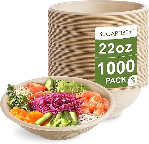 Miniatura 9 de Harvest - Tazones de papel redondos de 32 onzas sin PFAS de fibra de azúcar, compostables, resistentes, ecológicos, desechables, con fibras