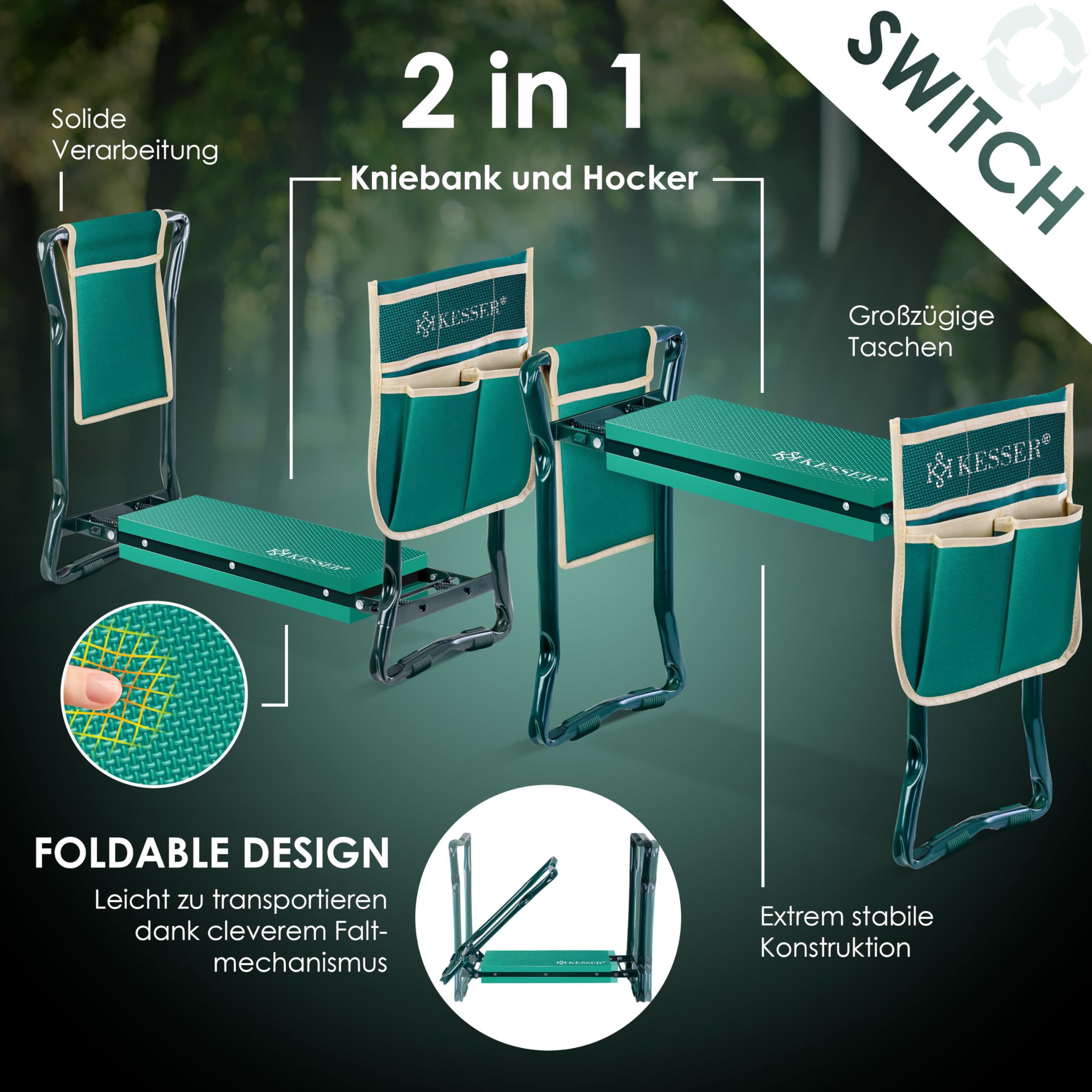 KESSER® Inginocchiatore 2 in 1 XXL per il giardinaggio Cuscino imbottito Cuscino in schiuma eva Sgabello da giardino Pieghevole Incl. 2 borse per attrezzi Panca da giardino Regolabile in altezza