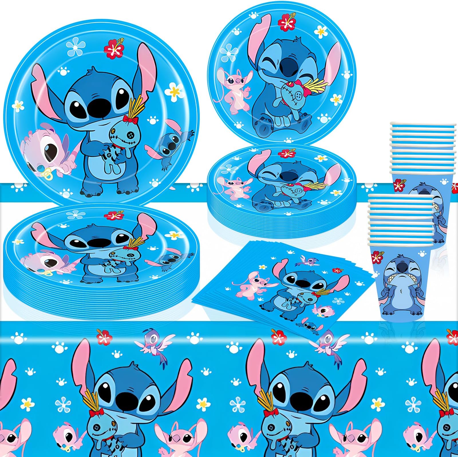 81 PCS Stitch Birthday Party Supplies Birthday Party Paper Plates and Napkins Set Includes 40 PCS Paper Plates 20 PCS Napkins 20 PS Paper Cups 1 Tablecloth for Stitch Birthday Party Decorations