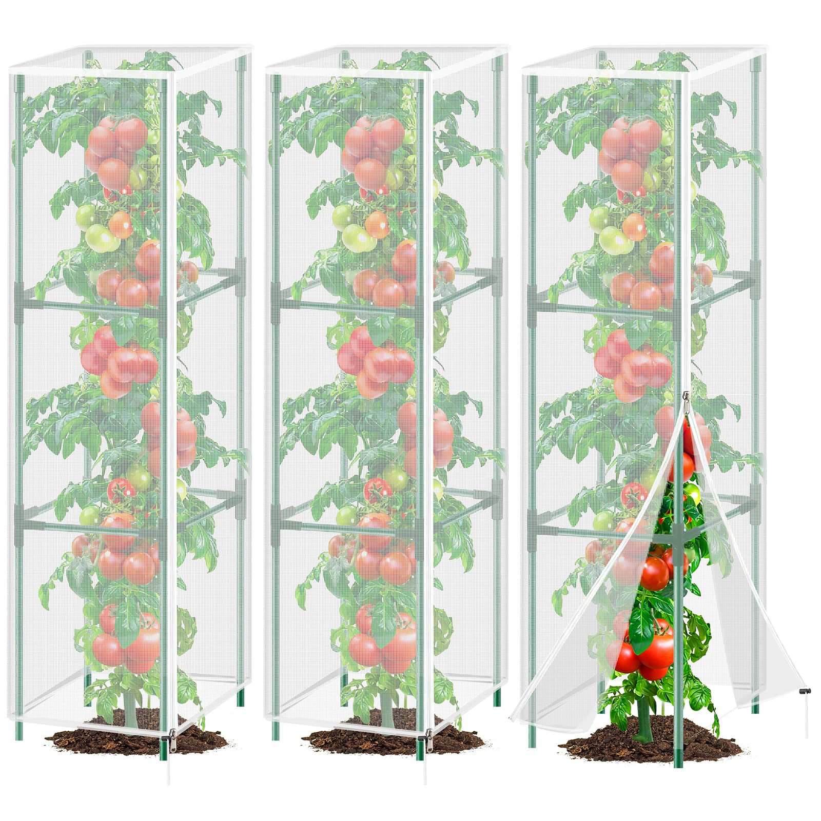 3 Pack Garden Bird Netting Plant Cover for Square Tomato Cage,14.6"x14.6"x51.2" Insect Bird Barrier Tomato Cage Net with Zipper Drawstring,Tomato Trellis Netting Protection Cover for Protecting Plants