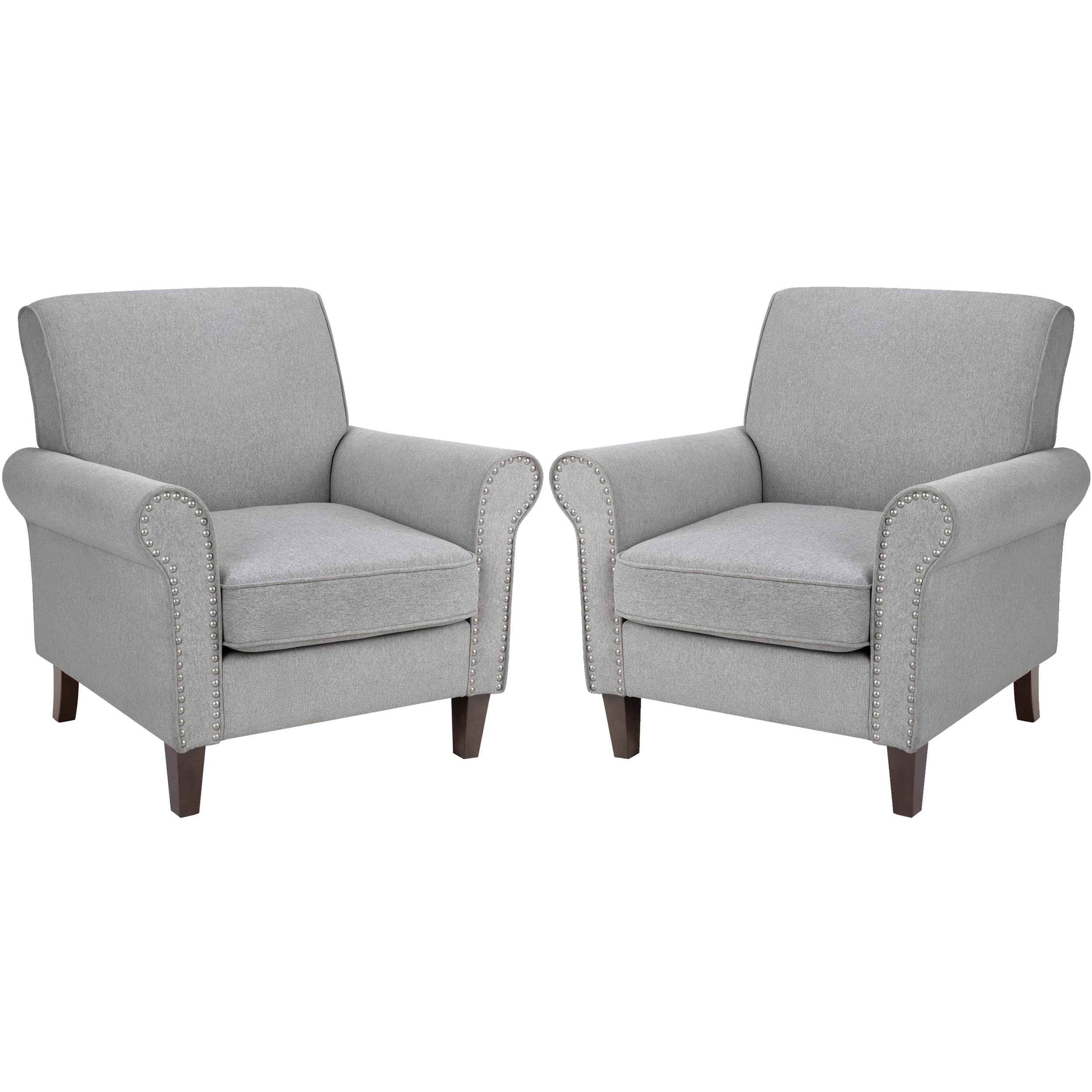 PrimeZone Comfy Accent Chair Set of 2, Mid-Century Modern Fabric Living Room Chair Reading Chair with Soft Cushion, Nailhead Trim & Rolled Armrest,