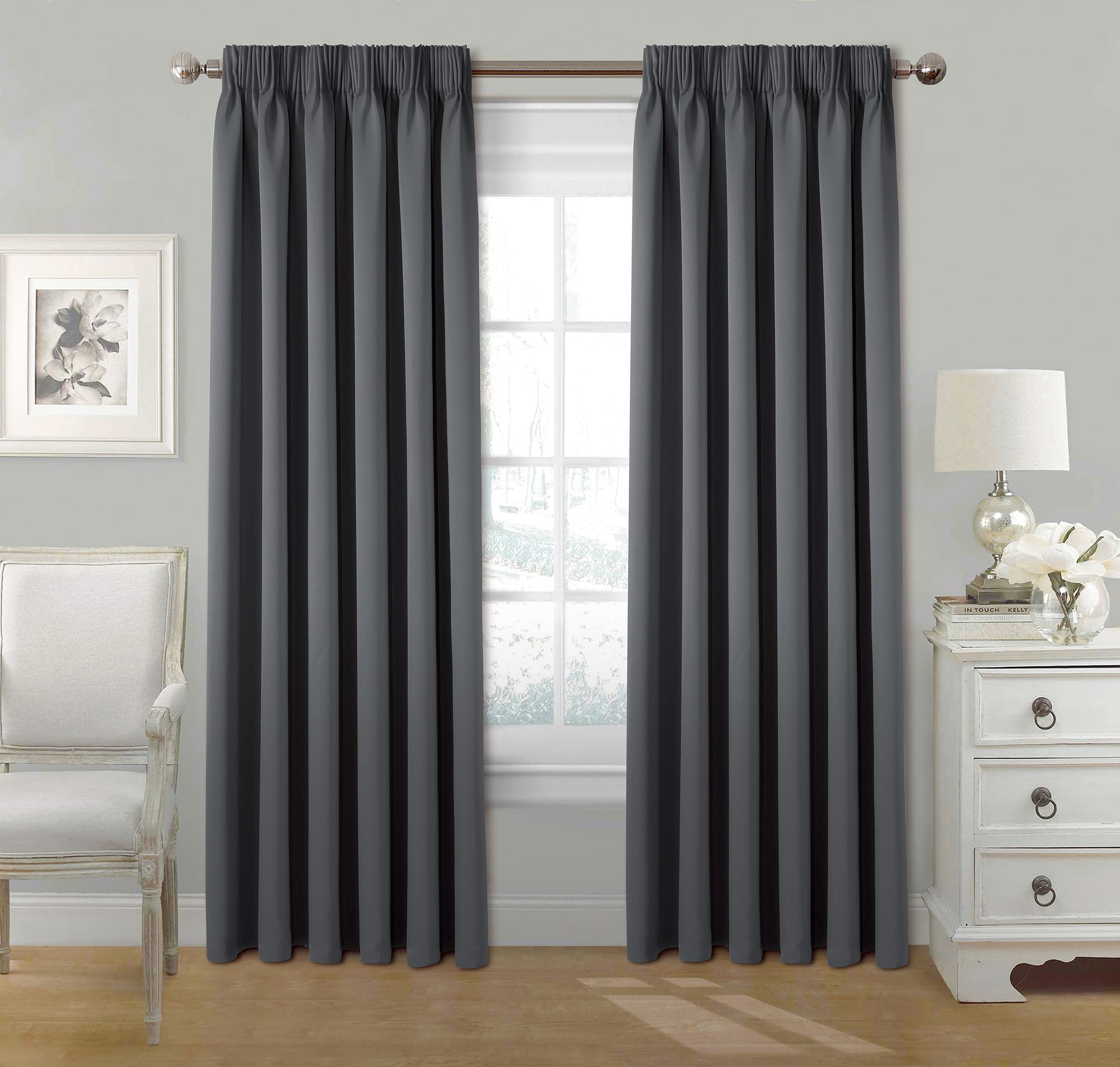 Stylemybedroom Grey Pair Pencil Pleat Tape Top Plain Thermal Out Lined Curtains With Tie Backs 66" X 72"
