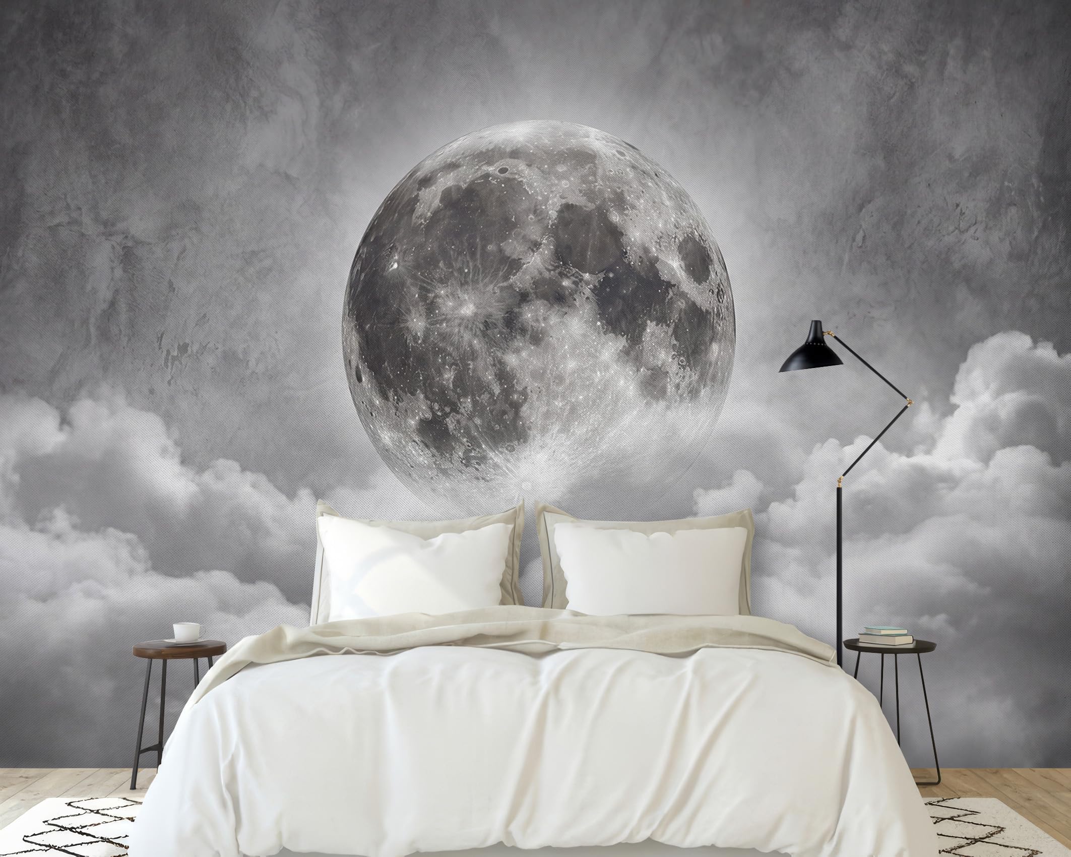 Fototapete 3D Vollmond Wolken Tapete Grau Betonoptik Tapeten Vliestapete Modern Wandtapete Wohnzimmer Schlafzimmer Kinderzimmer Wanddeko Motivtapeten350 x 256 cm (B x H)