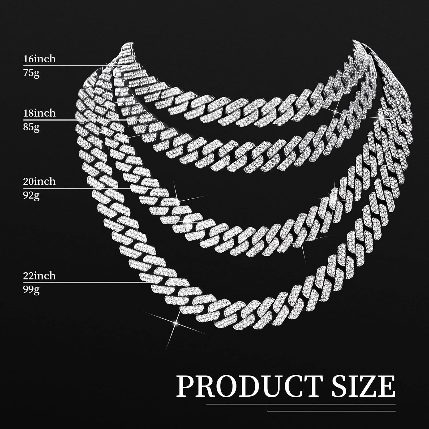 Batiyeer 3 Pcs Cuban Link Chain Necklace Bracelet Rhinestone Hoop Earrings Bling Crystal Hip Hop Jewelry for Women(18 Inch,Silver) - Image 2