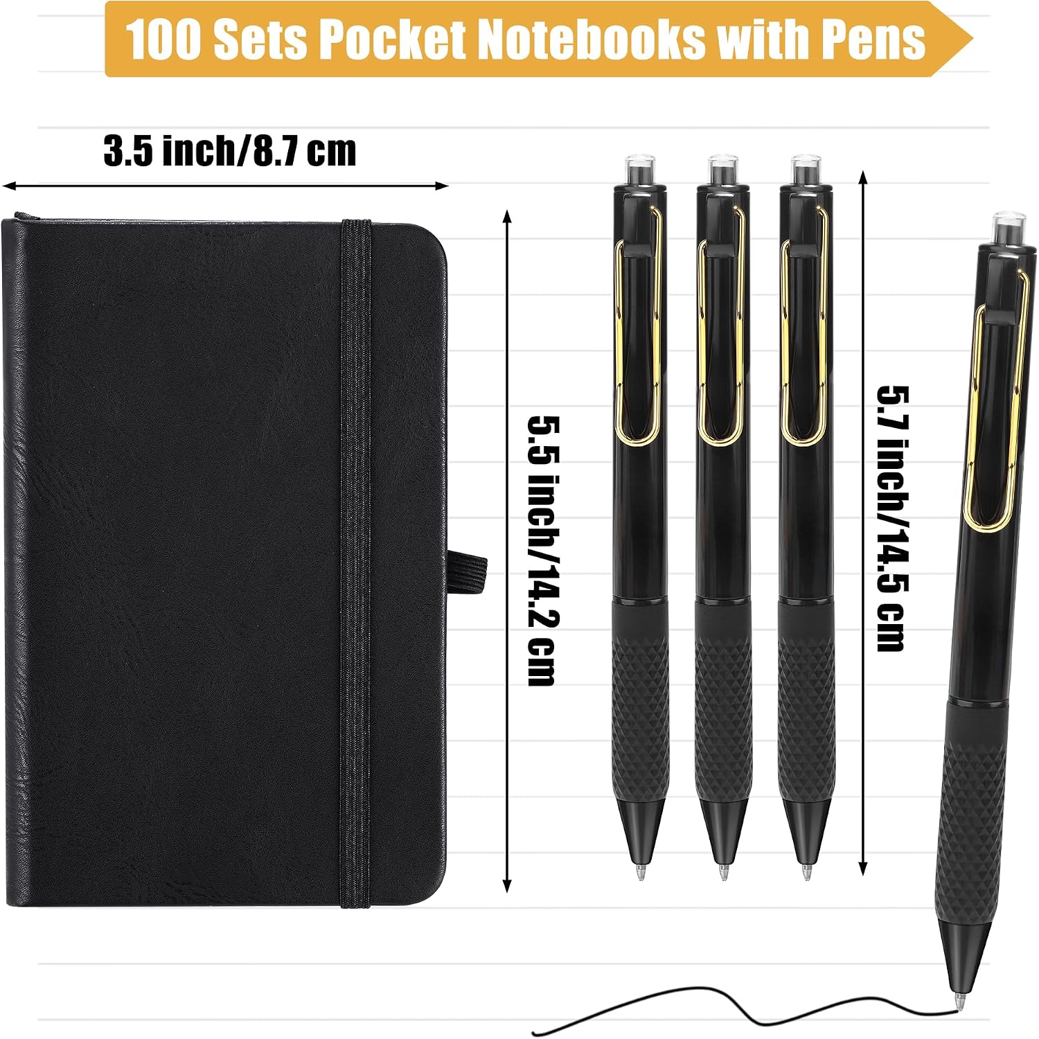 Aodaer 100 Sets Pocket Notebook Journal with Pens, 160 Pages, 3.5 x 5.5 Inch Mini Lined Journal Notebook A6 Leather Hardcover College Ruled Notepad with Pen Holder for School Office Gifts, Black image 2