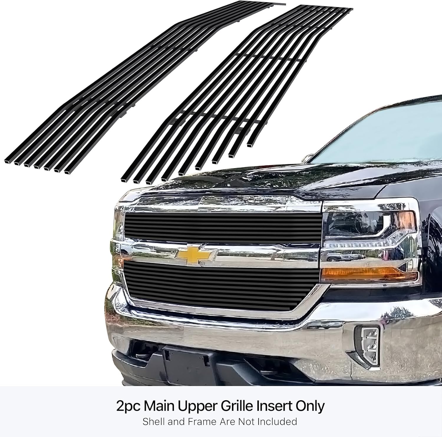 APS Compatible with Chevy Silverado 1500 2016-2018 & 19 1500 LD Main Upper Stainless Steel SS Black Billet Front Grill Grille Insert C66360H