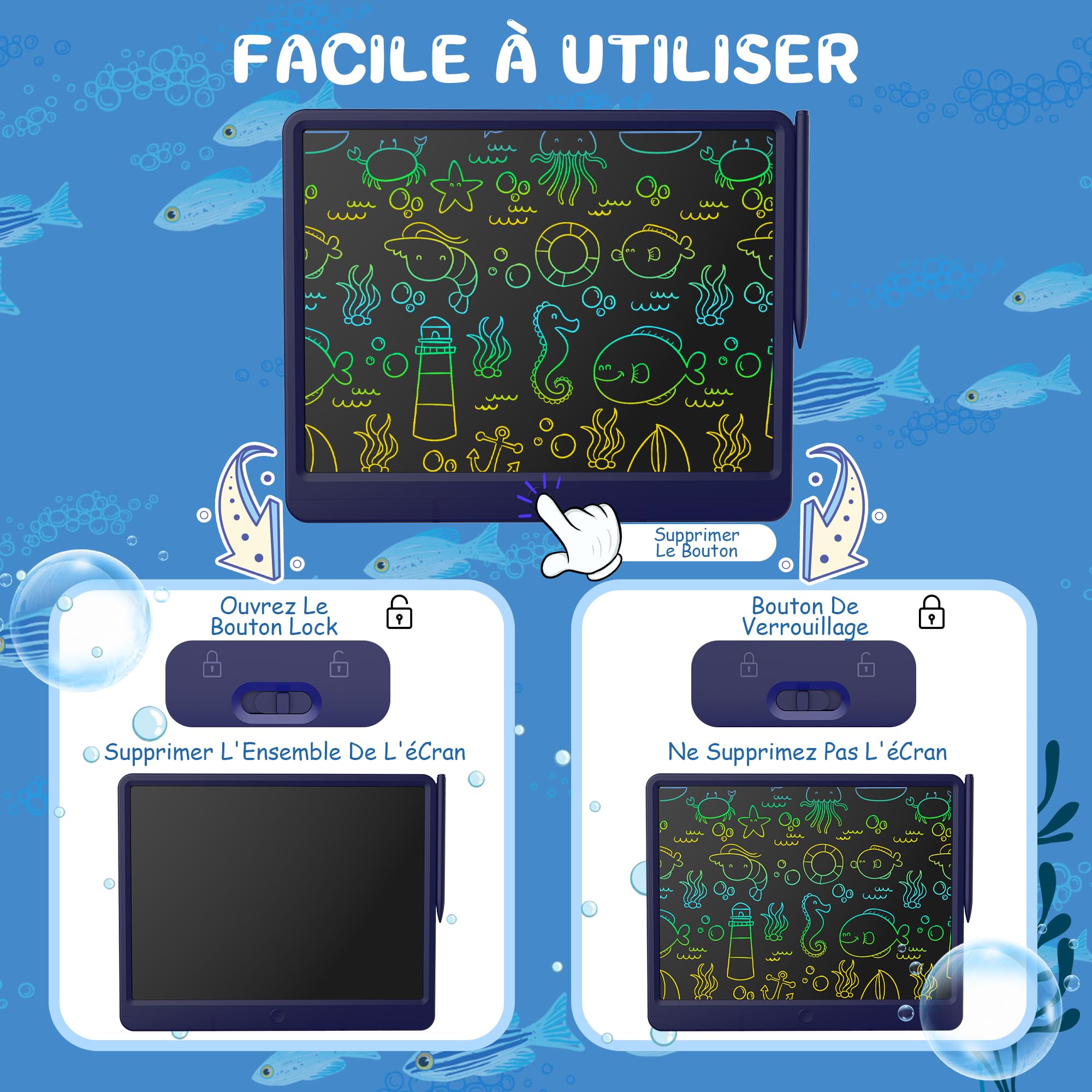 GIGART Tablette d'écriture LCD 15 pouces écran coloré effacement verrouillable cadeau anniversaire 3-12 ans bleu foncé