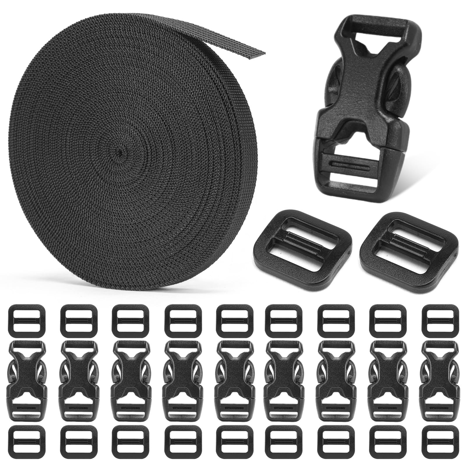 BEYOURD Buckle and Strap Set, 10 Yards Webbing Strap with 10-Pack Dual Adjustable Side Release Plastic Buckles, 20 Pieces Tri-Glide Slider Clips, Black (3/8 Inch Combo Set)
