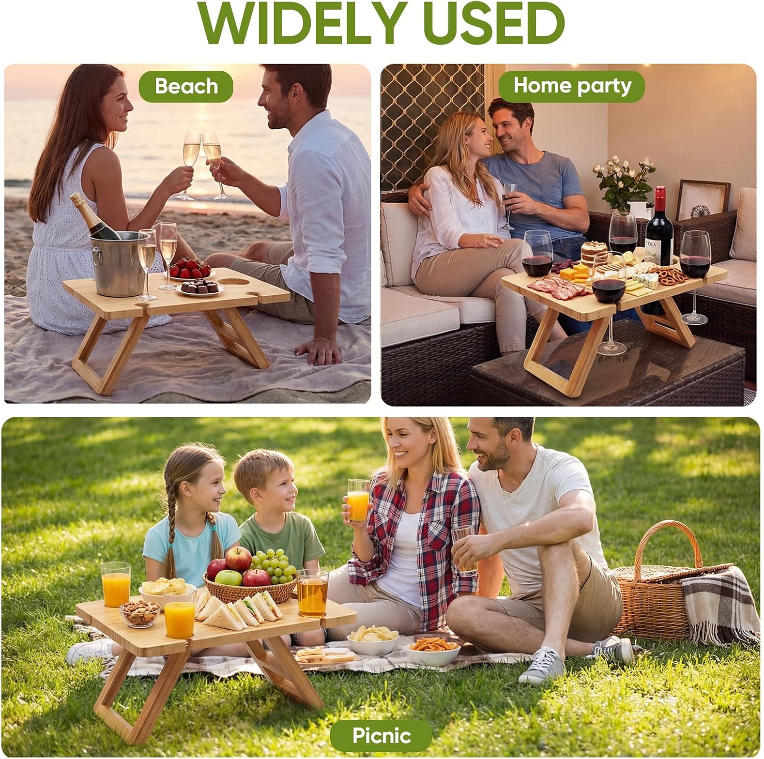 Bamboo Wine Picnic Table, Foldable Portable Charcuterie Tray with Bottle Slot and 4 Glass Holders, 15.6 x 11.7 x 7.5 in, for Beach, Park, Camping