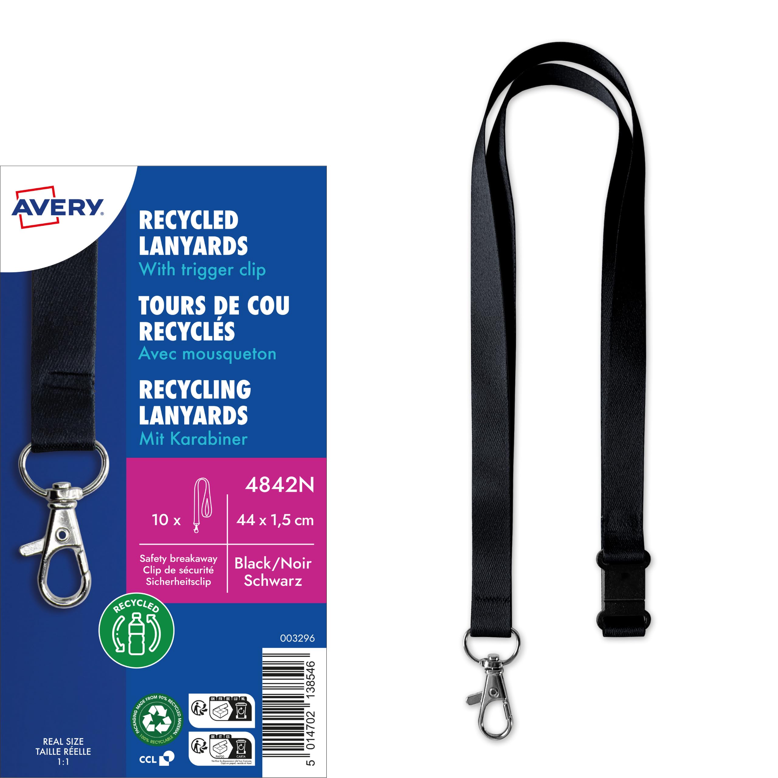 AVERY Zweckform 4842N Lanyard 10 Stück (44x1,5cm, Kartenhalter mit Karabinerhaken, Sicherheitsverschluss, Schlüsselband für Ausweishülle, Kartenhülle, Namenschilder, Umhängeband, Nackenband) schwarz