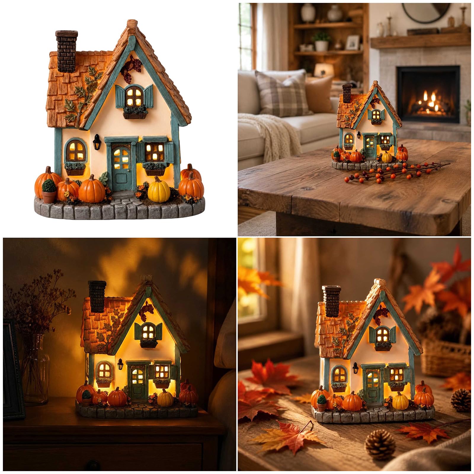 Statuetta zucca a LED per la casa, in resina, illuminata, con luce calda, 7, 5 x 6, 75 pollici, centrotavola autunnale per soggiorno, mensola, camera da letto, statuetta cottage autunnale, da
