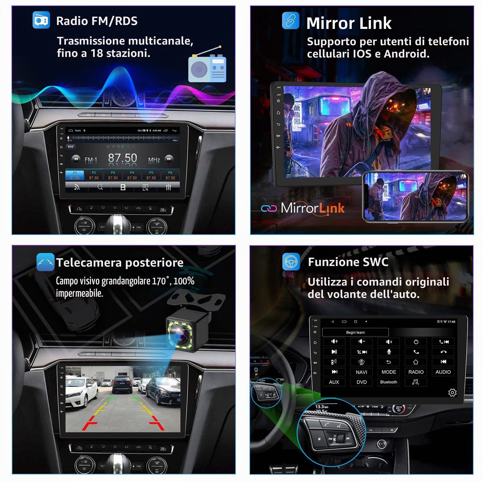 Podofo Android Autoradio 2 Din con Navigazione GPS, Bluetooth, 24 Desktop a Tema, Autoradio da 9 Pollici con Schermo con WiFi, FM/RDS, Collegamento Speculare, Telecamera per la Retromarcia (2+32G)