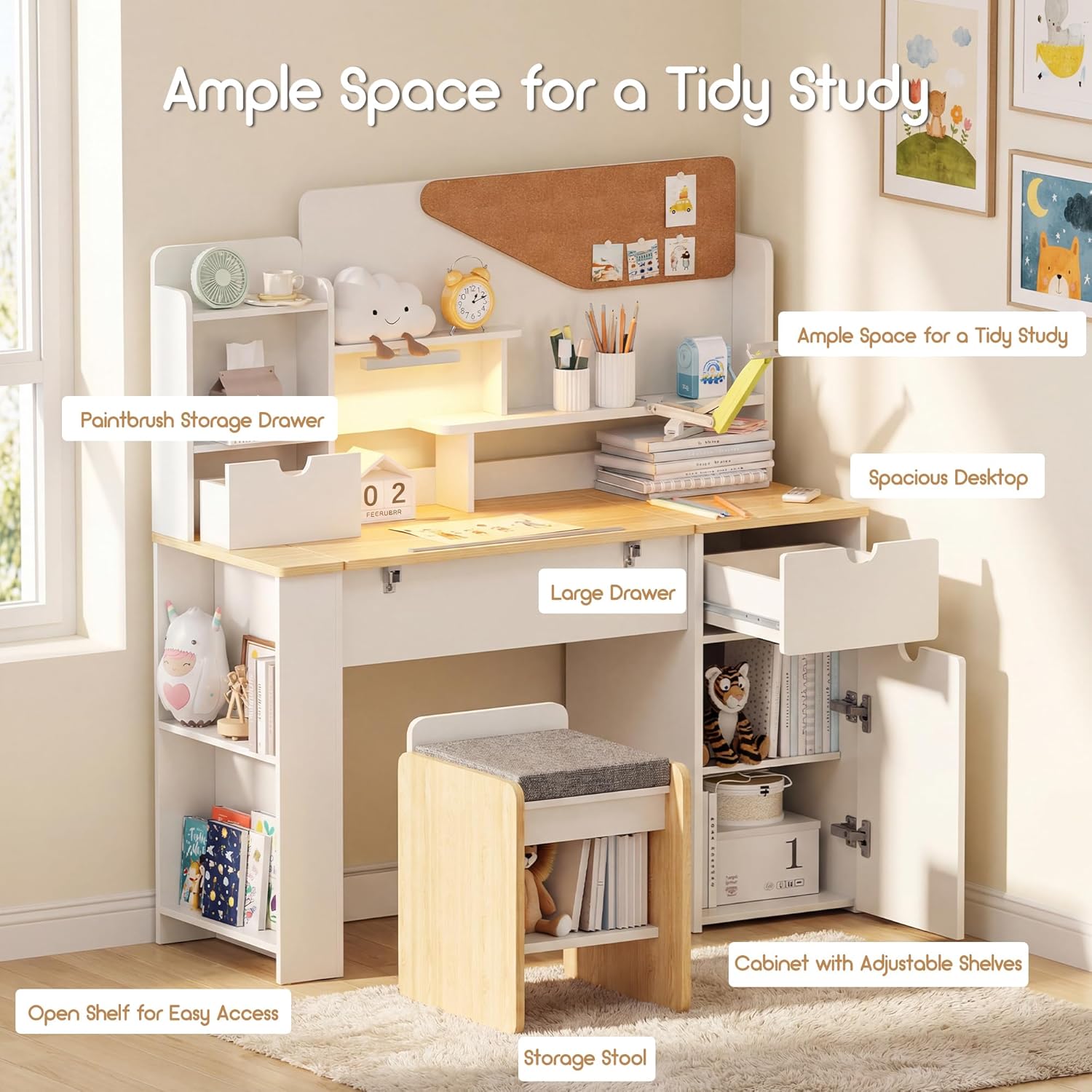 smilesun Kids Desk and Chair Set, Wooden Study Table with Tiltable Desktop, Hutch, Drawer & Storage Cabinet, Multi-Functional Writing Desk for Kids Ages 5-12, Ideal for Bedroom (Wood)