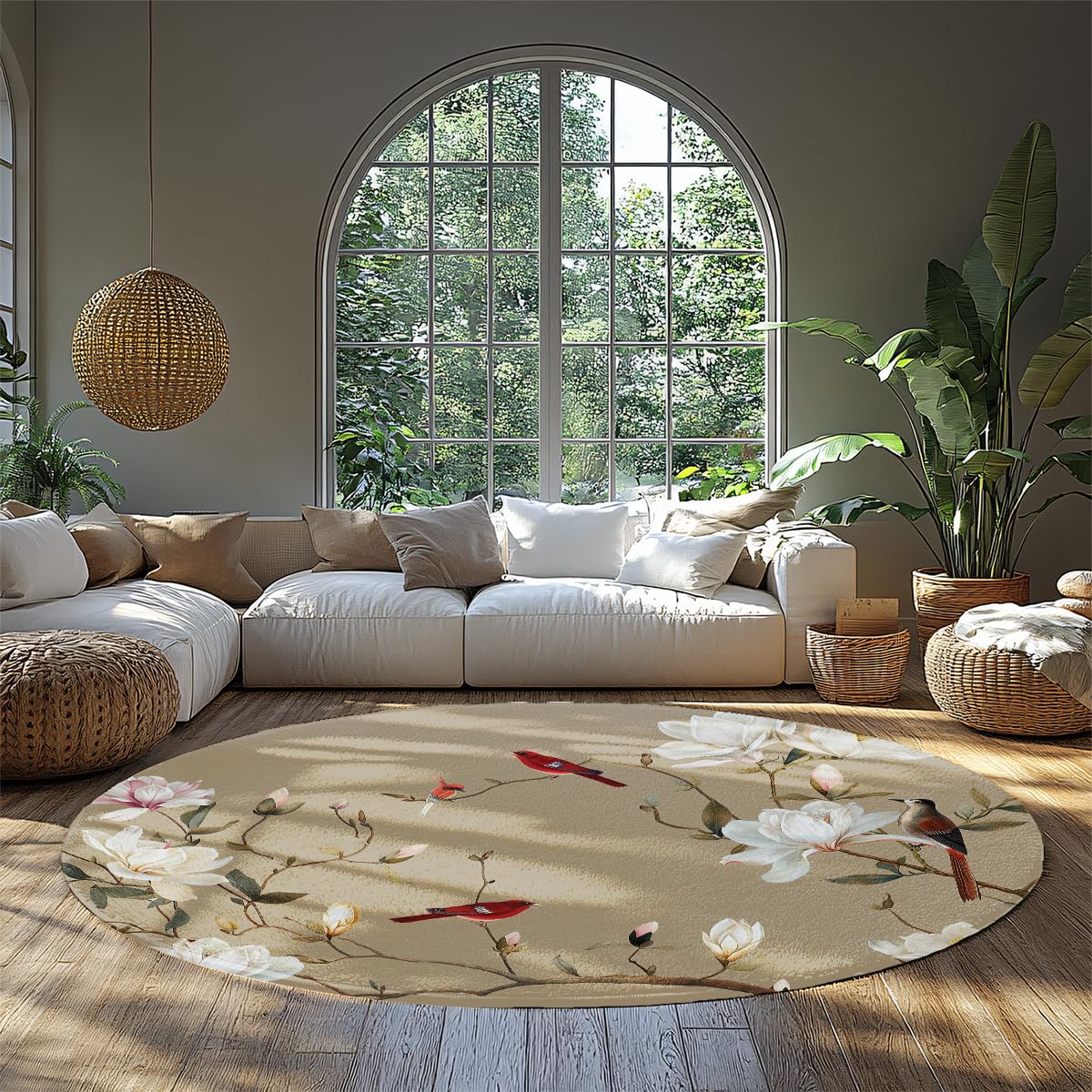 Tapis ronds vintageaux motif Magnolia Oriental et Cardinal Birds