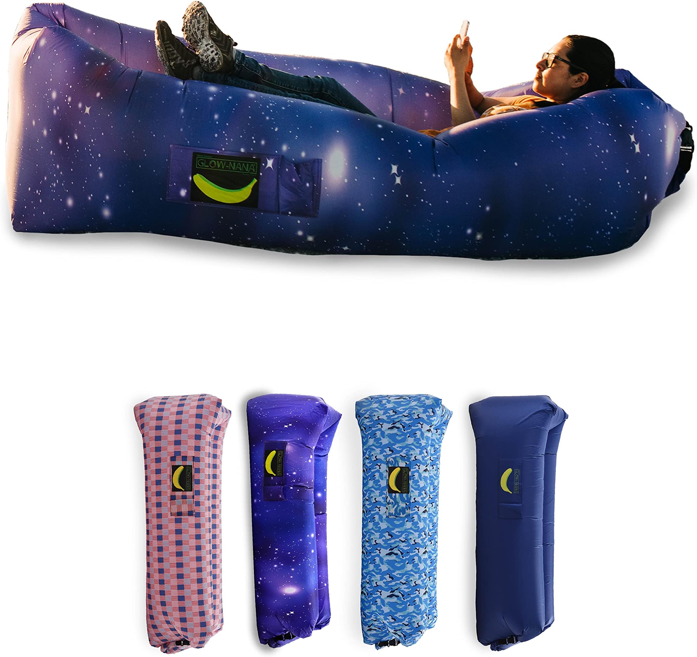 Rukket Sports Glow-Nana Inflatable Lounger, Blow Up Air Chair & Couch for Lounging, Camping, Beach, & Festival, Sofa Hammock for Adults & Kids, Portable Wind Furniture Loungers (Glow Galaxy)