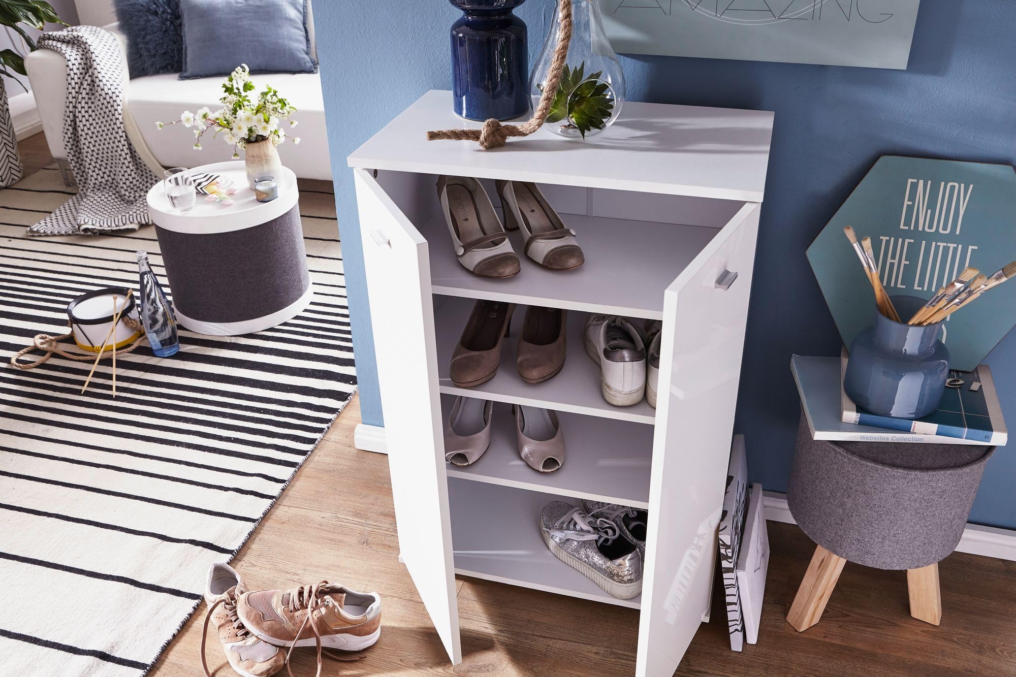 Schoenenkast, met 2 klapdeuren en 1 open plank, anti-kanteldesign, Wit