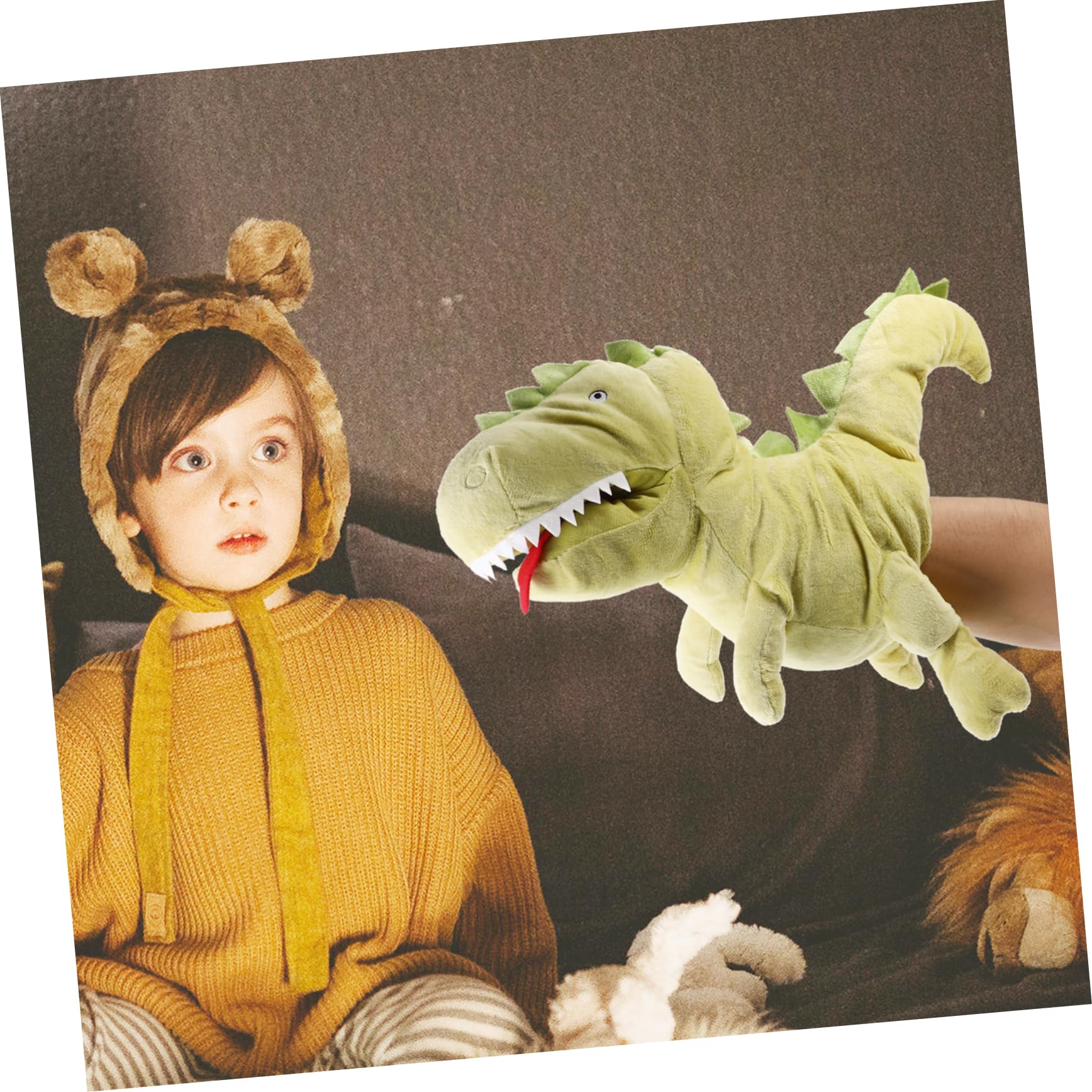 Marioneta de Mano Dinosaurio Verde de Peluche Boca Móvil | Relleno de Algodón Pp, Juguete Interactivo para Contar Historias, Uso en Escuela y Hora de Dormir
