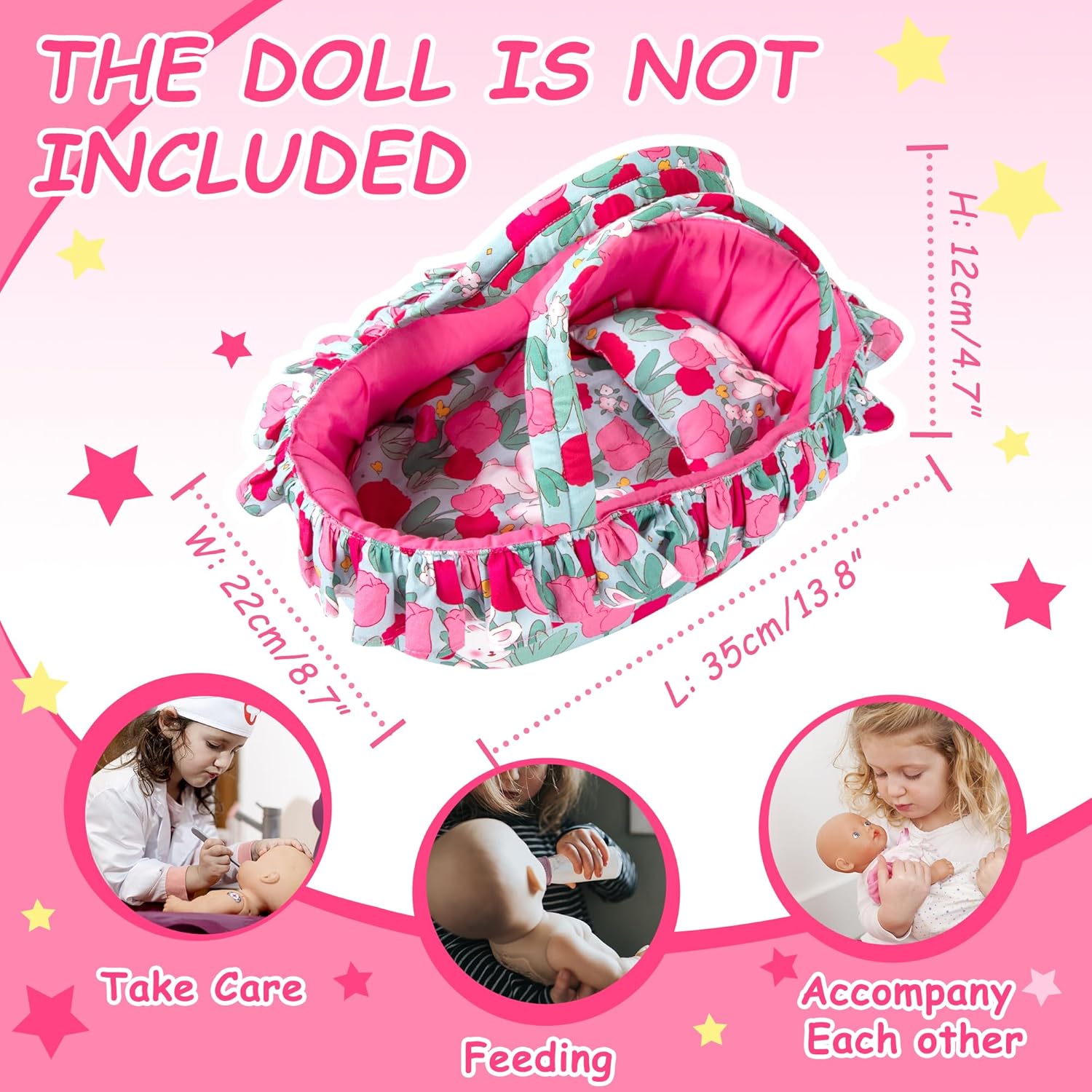 Rakki Dolli Doll Carry Cot Set, Soft 3PC Set Includes Cot, Mattress and Pillow, Rose Rabbit Doll Bassinet, Fits for 10-12 Inch American Girl Dolls