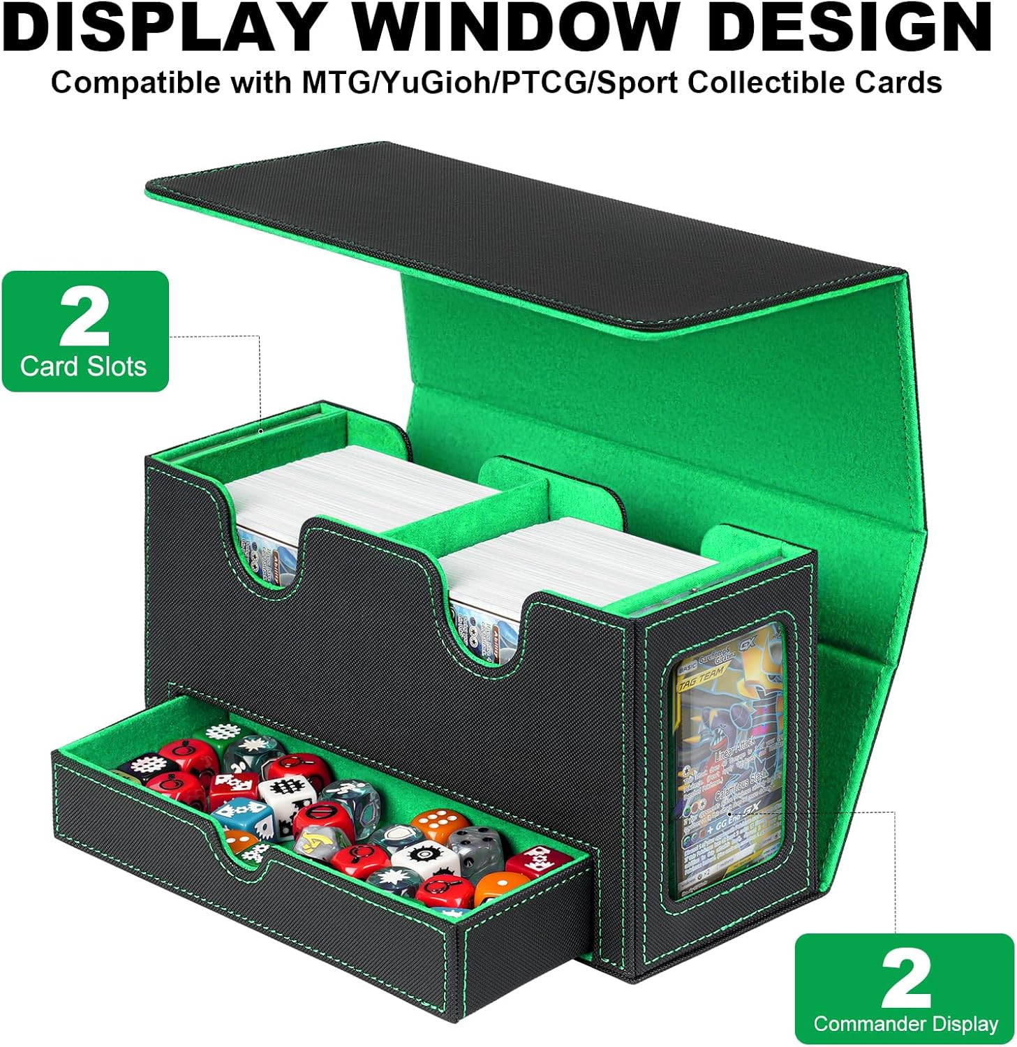 Card Deck Box for MTG Commander, Deck Display Case Holds 200+ Double-Sleeved Cards, 35pt Card Brick & Dice Tray, Storage Box For TCG CCG Sports, Black&Green