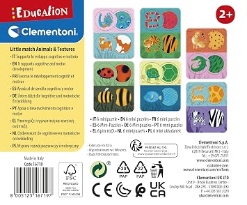 Clementoni 16719 Little Match Hayvanlar ve Sahte 12 Mini Yapboz Öğrenme Oyunu, 2 Yaş Çocuklar için,%100 Geri Dönüşümlü Malzemelerden El Yapımı, İtalya'da Üretilmiştir, Çok Renkli, M