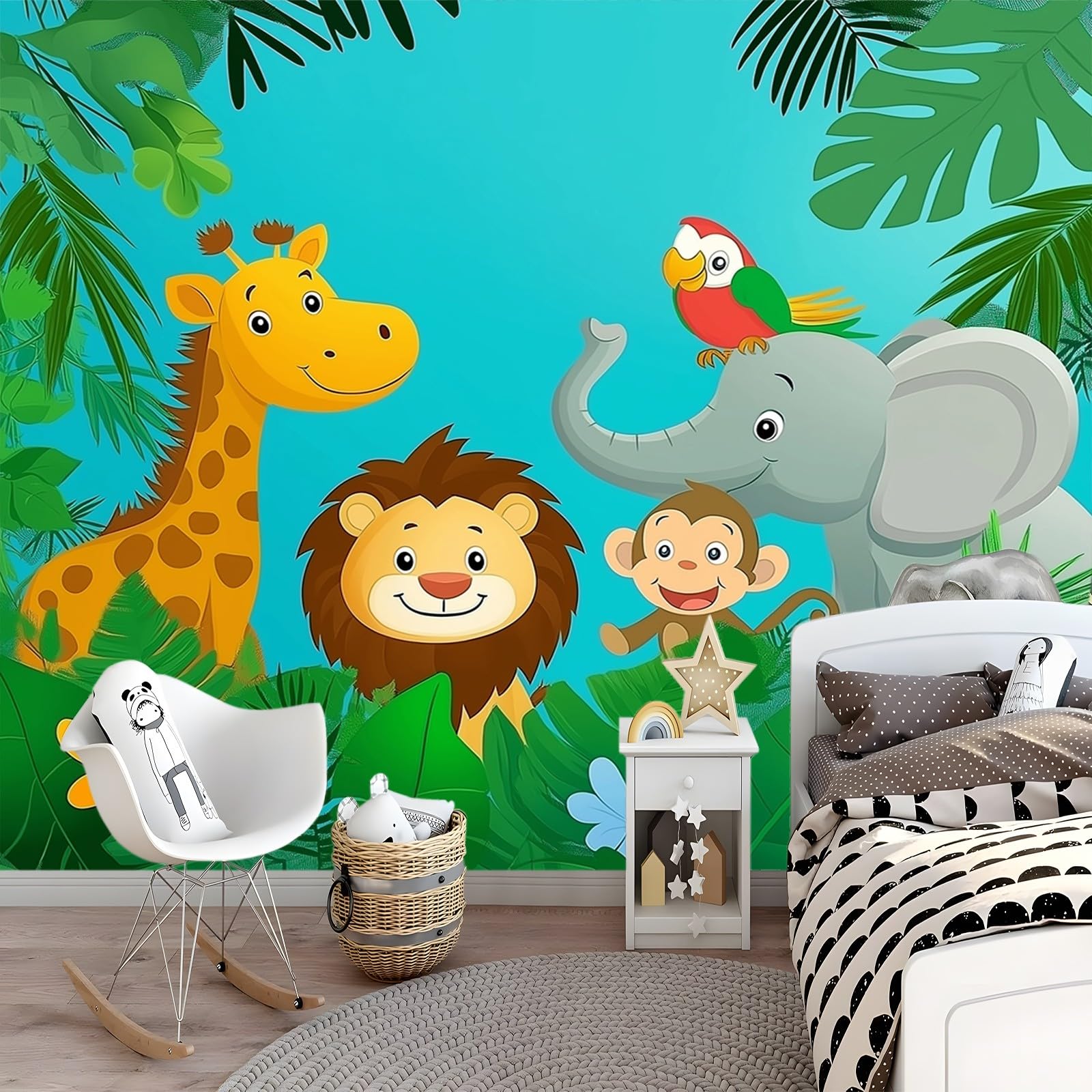Tapeta 350 x 256 cm tapeta dla dorosłych dzieci dekoracja pokoju, kreskówki dżungla zwierzęta wzór tapeta niebieska zielona fototapeta do sypialni salonu dekoracja ścienna