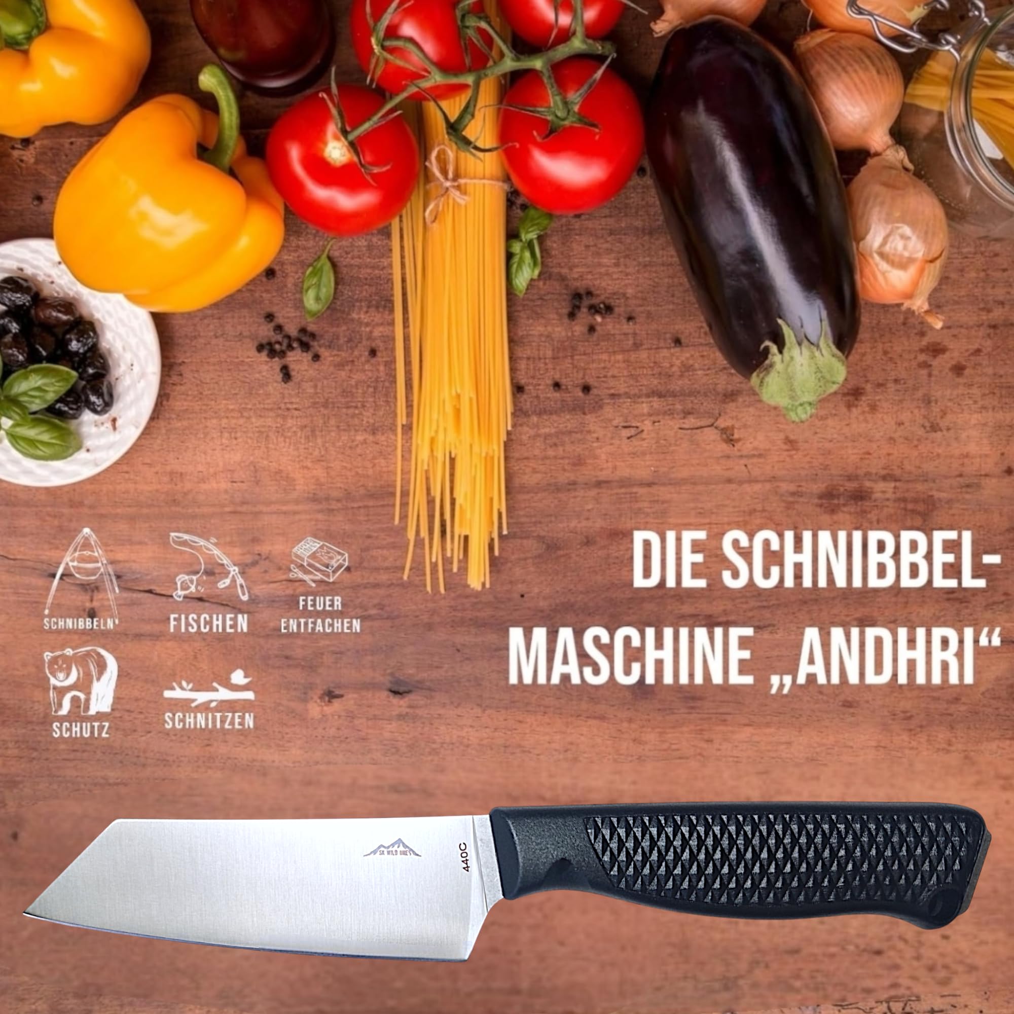 SK Wild Ones® Outdoor Küchenmesser - Jagdmesser Feststehende Klinge - Survival Messer Outdoor Griff Schnibbeln - Outdoormesser Feststehend - aus 440C-Stahl Gemüsemessser Camping Andhri Schwarz
