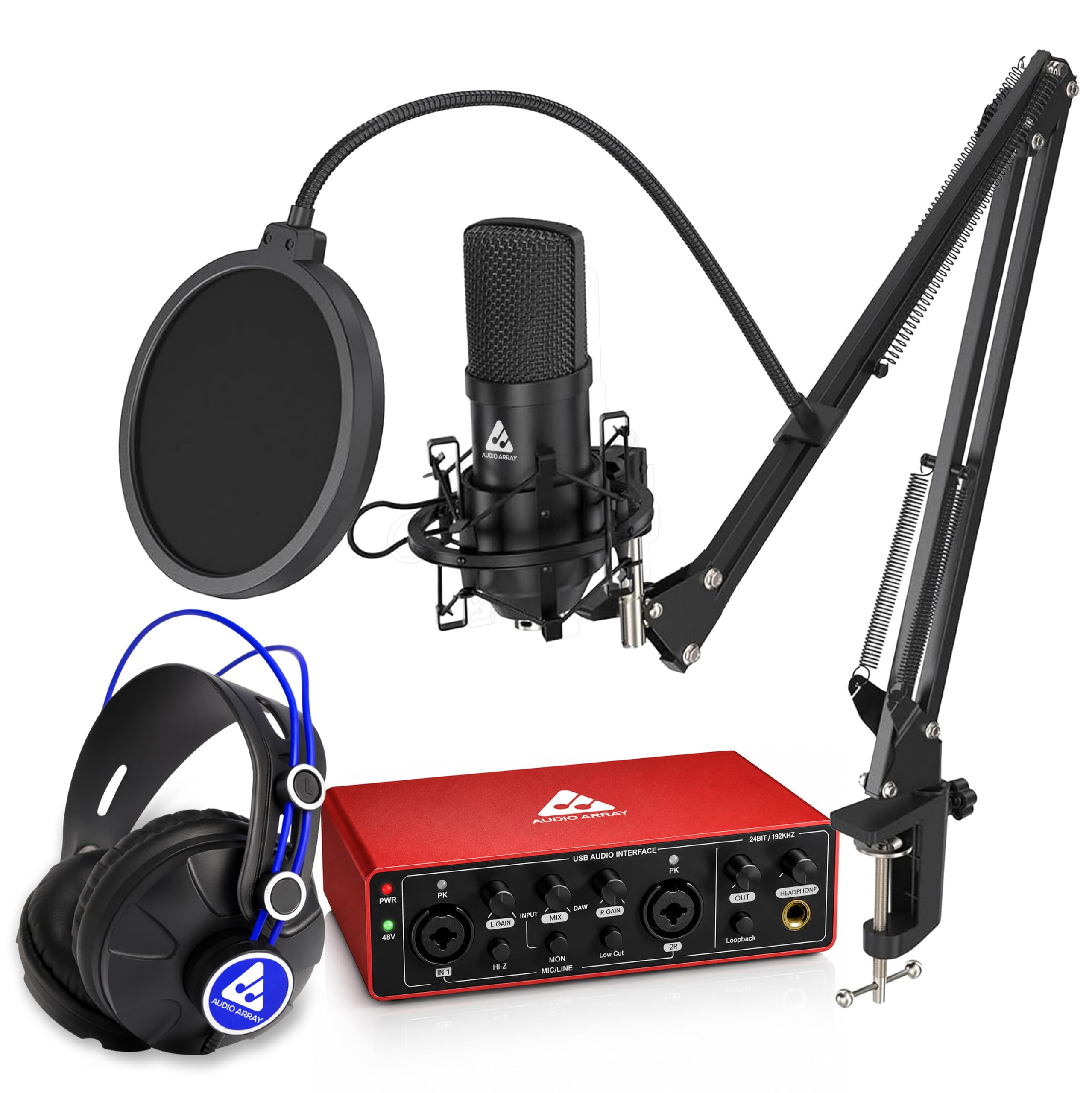 audio array professional studio recording bundle – condenser microphone kit, 2x2 usb audio interface, closed-back headphones, boom arm, pop filter & 48v phantom power | 24-bit/192khz podcast kit