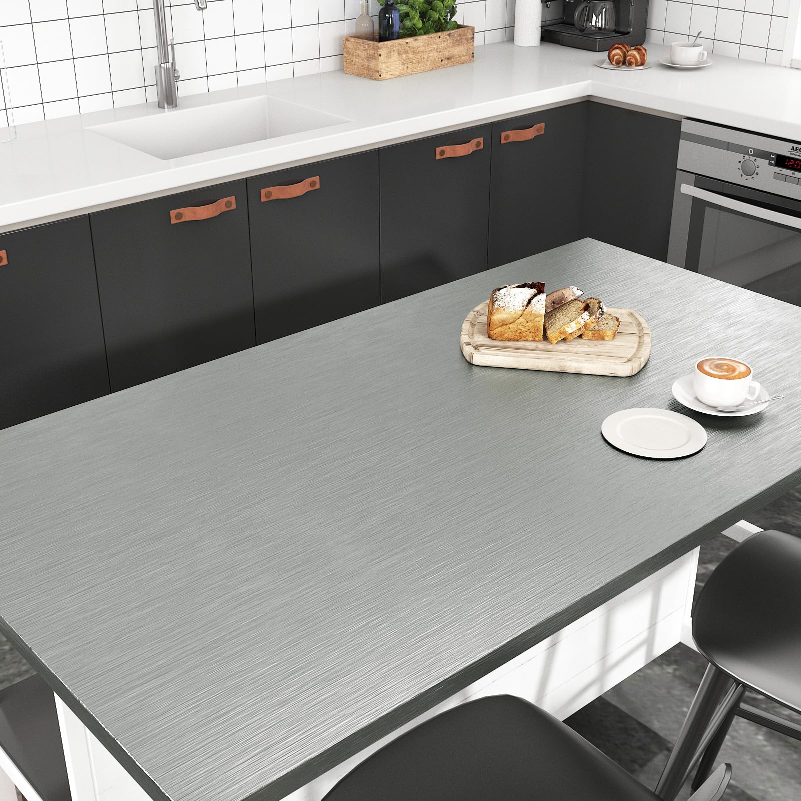 HotDecor17.7"x315" Metallic Peel and Stick Wallpaper for Kitchen Cabinets Backsplash Brushed Silver Stainless Steel Contact Paper Metal Look Wall Paper for Appliances Counter Top Self Adhesive